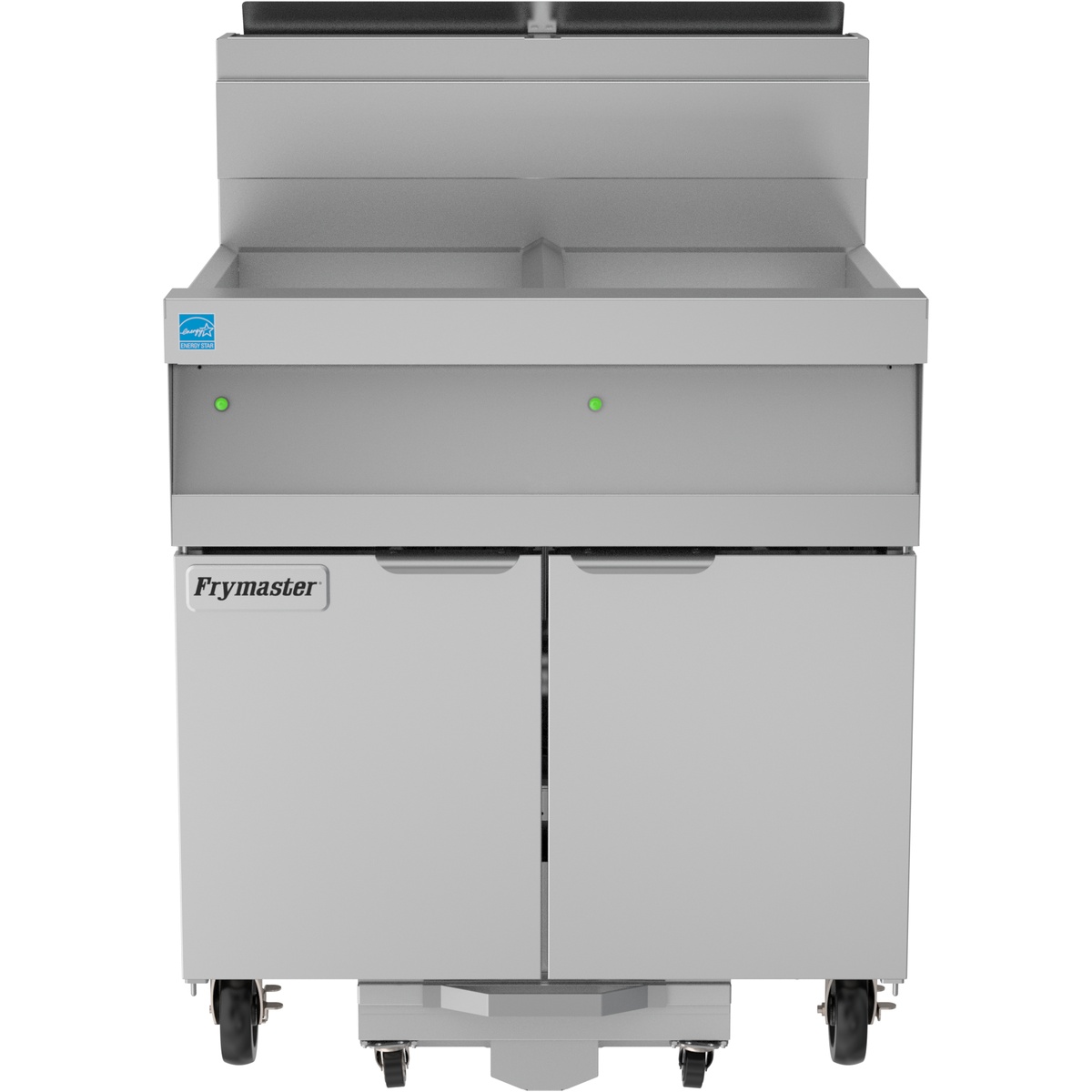 Frymaster CFHD160G Decathlon Series stainless steel gas floor fryer front view with double cabinet doors and casters