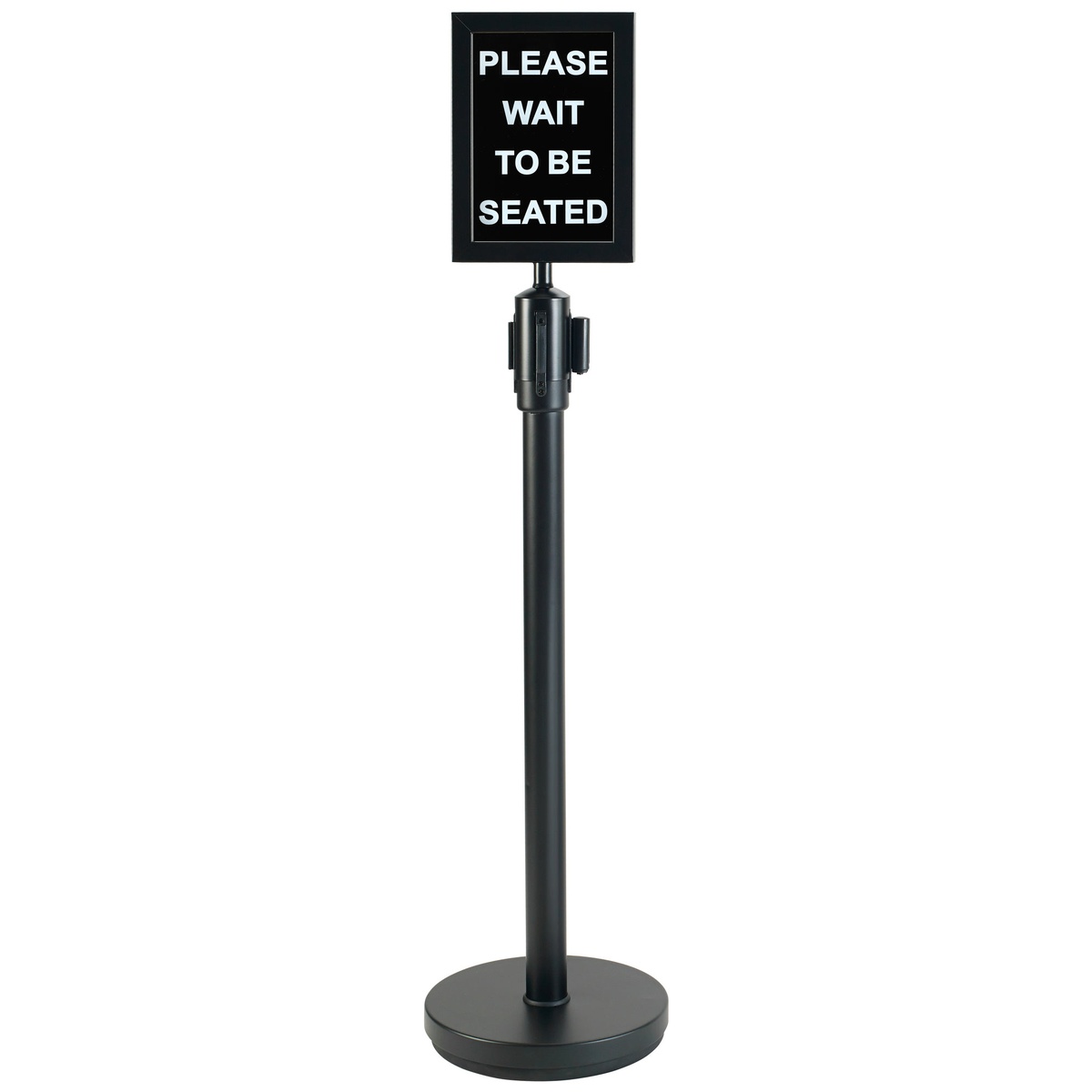 Winco CGS-38K black stanchion post with mounted 'Please Wait To Be Seated' sign panel