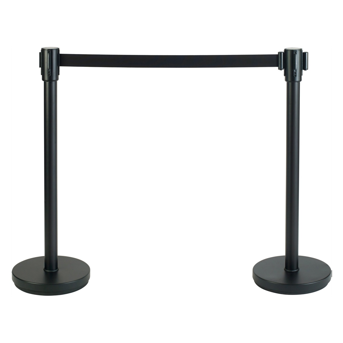Two Winco CGS-38K black stanchion posts connected by extended retractable belt