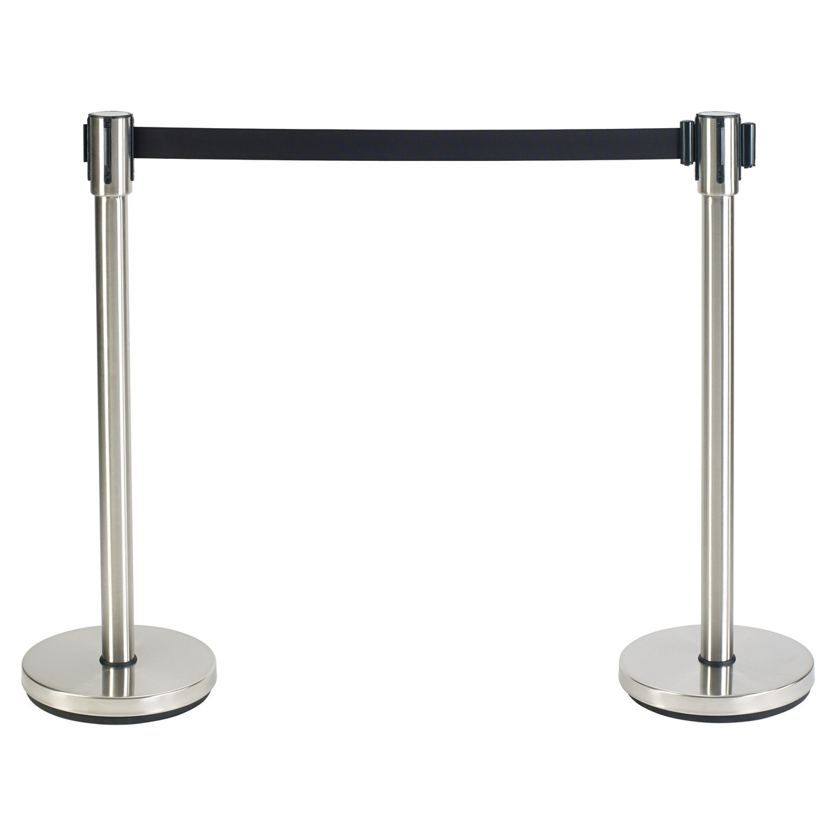 Two Winco CGS-38S stainless steel stanchion posts connected with a black retractable belt forming a barrier