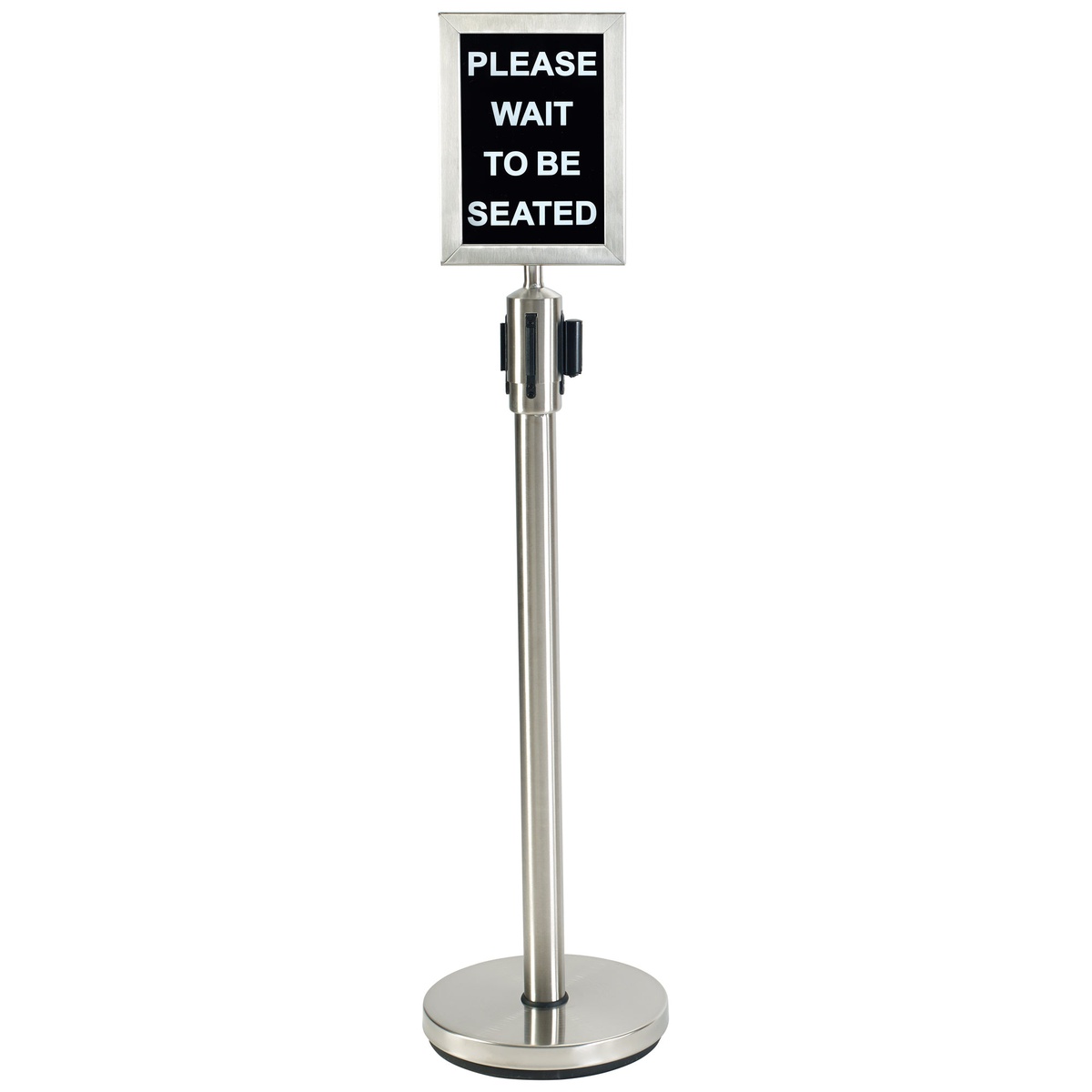 Winco CGS-38S stanchion post with mounted sign holder displaying a please wait to be seated message