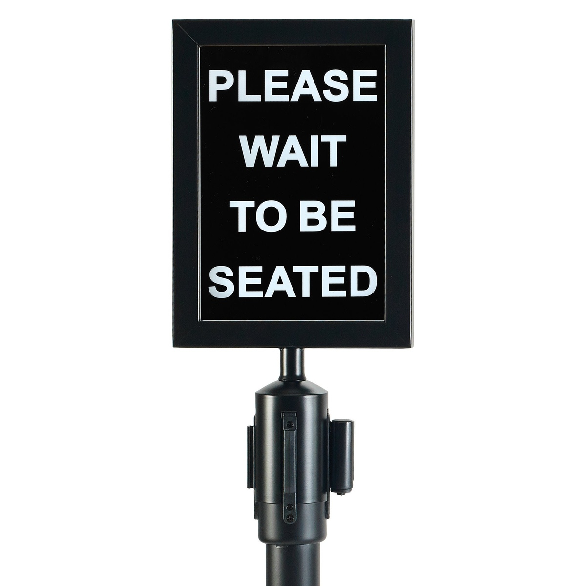 Winco CGSF-12K black sign frame mounted on stanchion post displaying a Please Wait To Be Seated sign