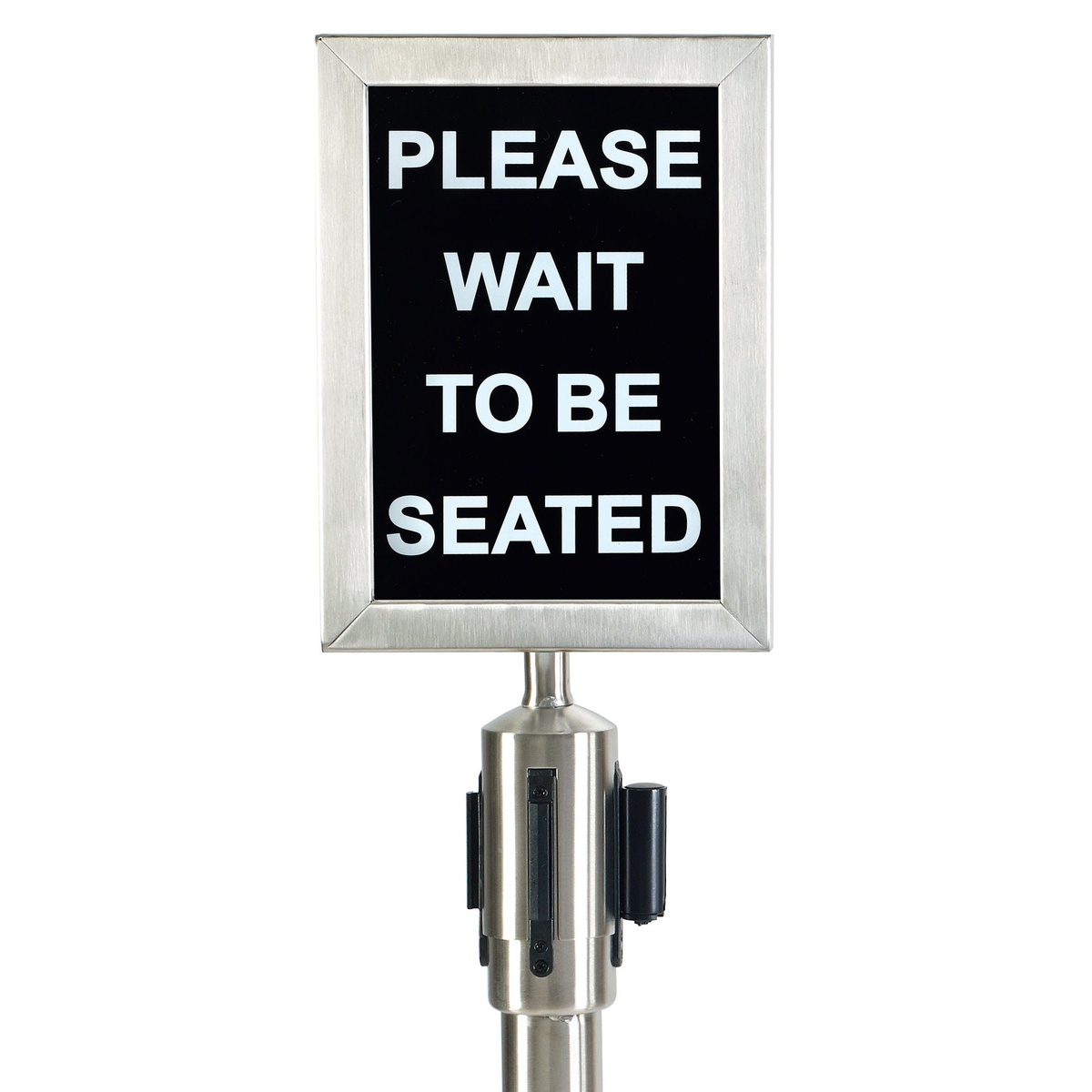 Winco CGSF-12S sign frame mounted on a stanchion post displaying a Please Wait to Be Seated sign