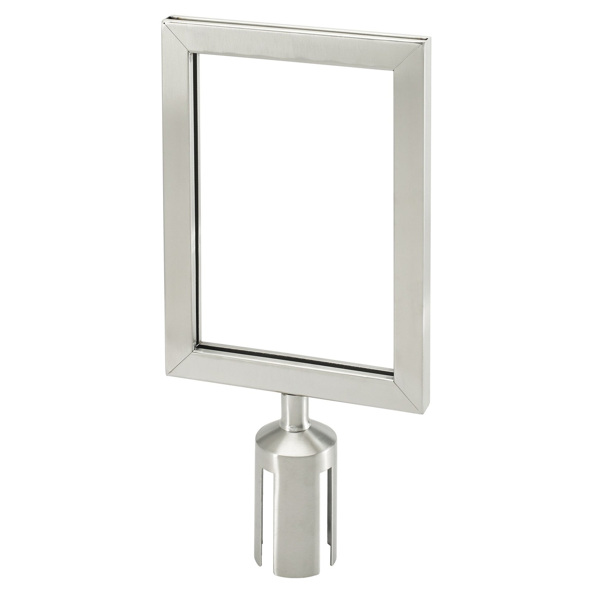 Winco CGSF-12S stainless steel stanchion top sign frame shown standalone with mounting collar