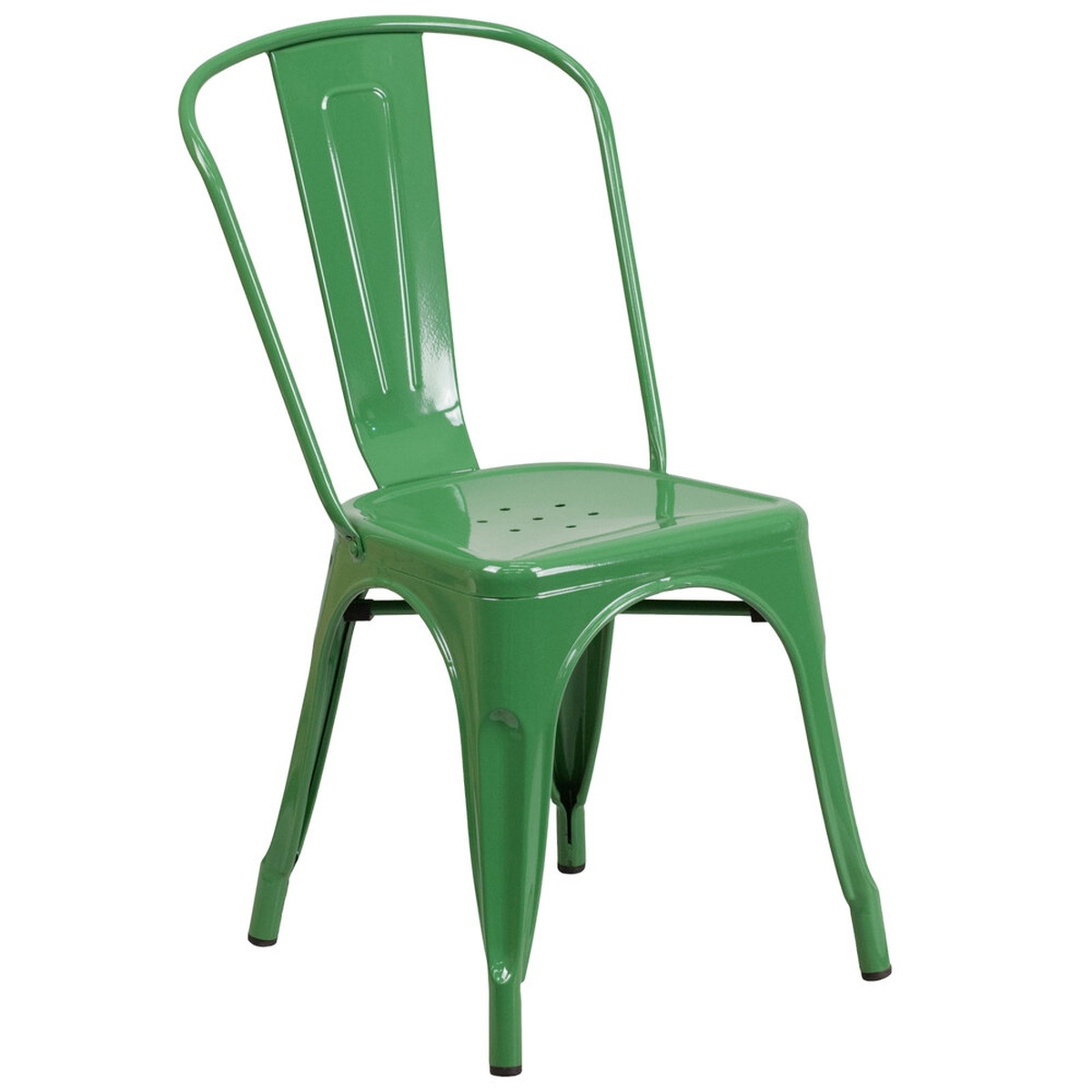 Flash Furniture green galvanized steel stackable chair with vertical slat back and drain hole seat, angled view