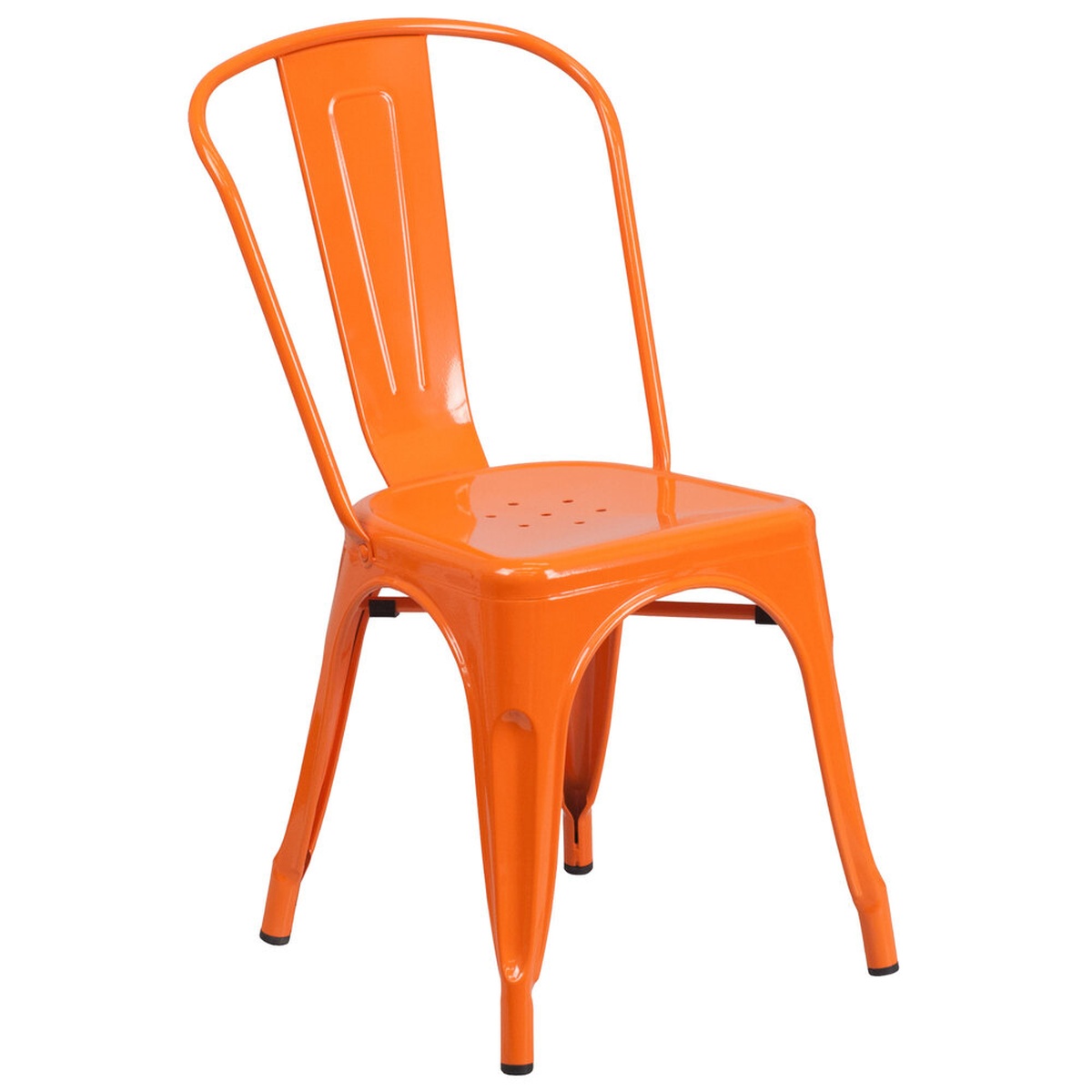 Flash Furniture orange galvanized steel stackable chair with vertical slat back and drain hole seat, angled view