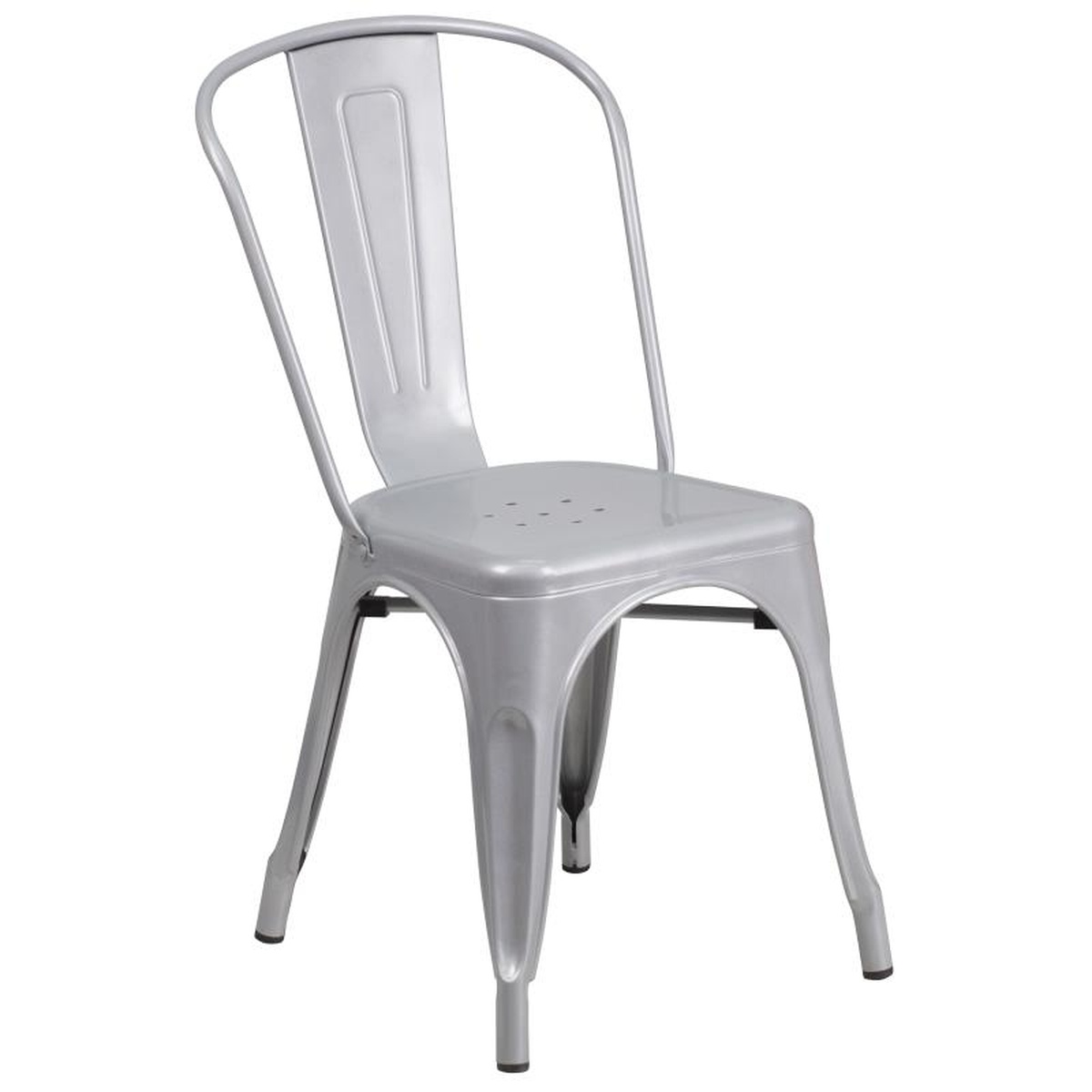 Silver powder-coated metal stackable side chair with curved vertical slat back and drain hole seat