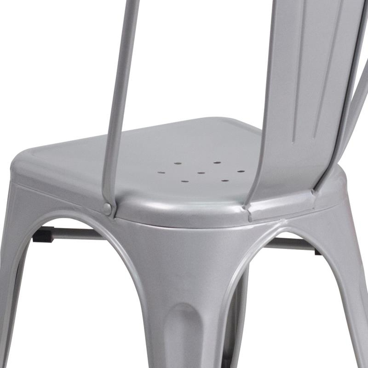 Close-up of silver chair seat and lower back connection showing drain holes and smooth powder coat finish