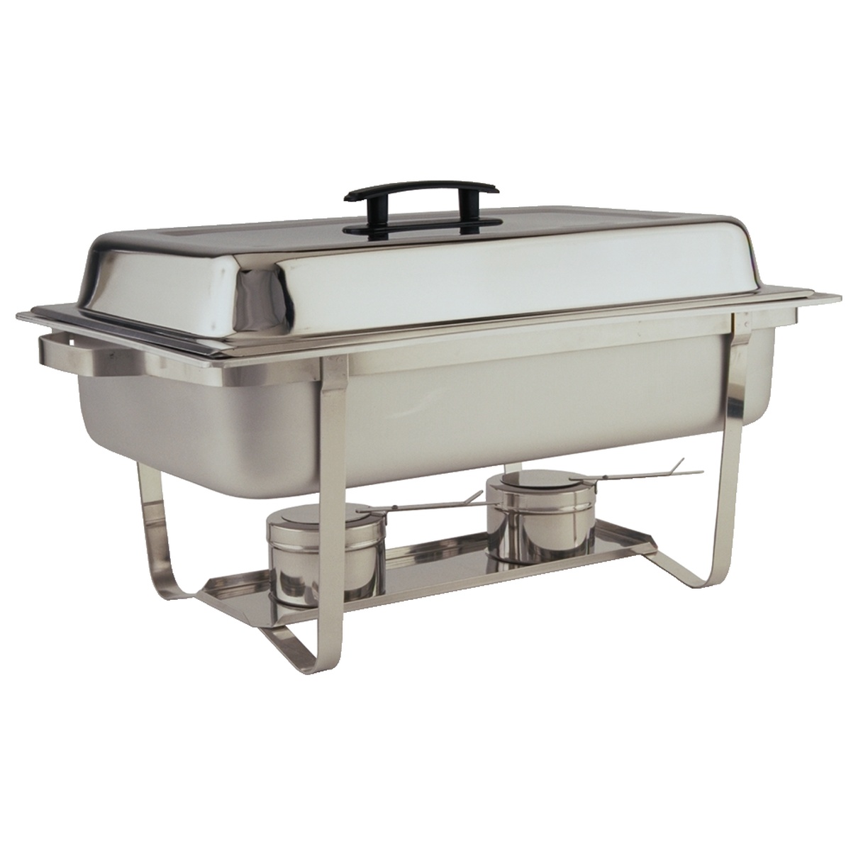 Libertyware CHA1F full-size stainless steel economy chafer with folding frame, dome lid, and two fuel holders assembled