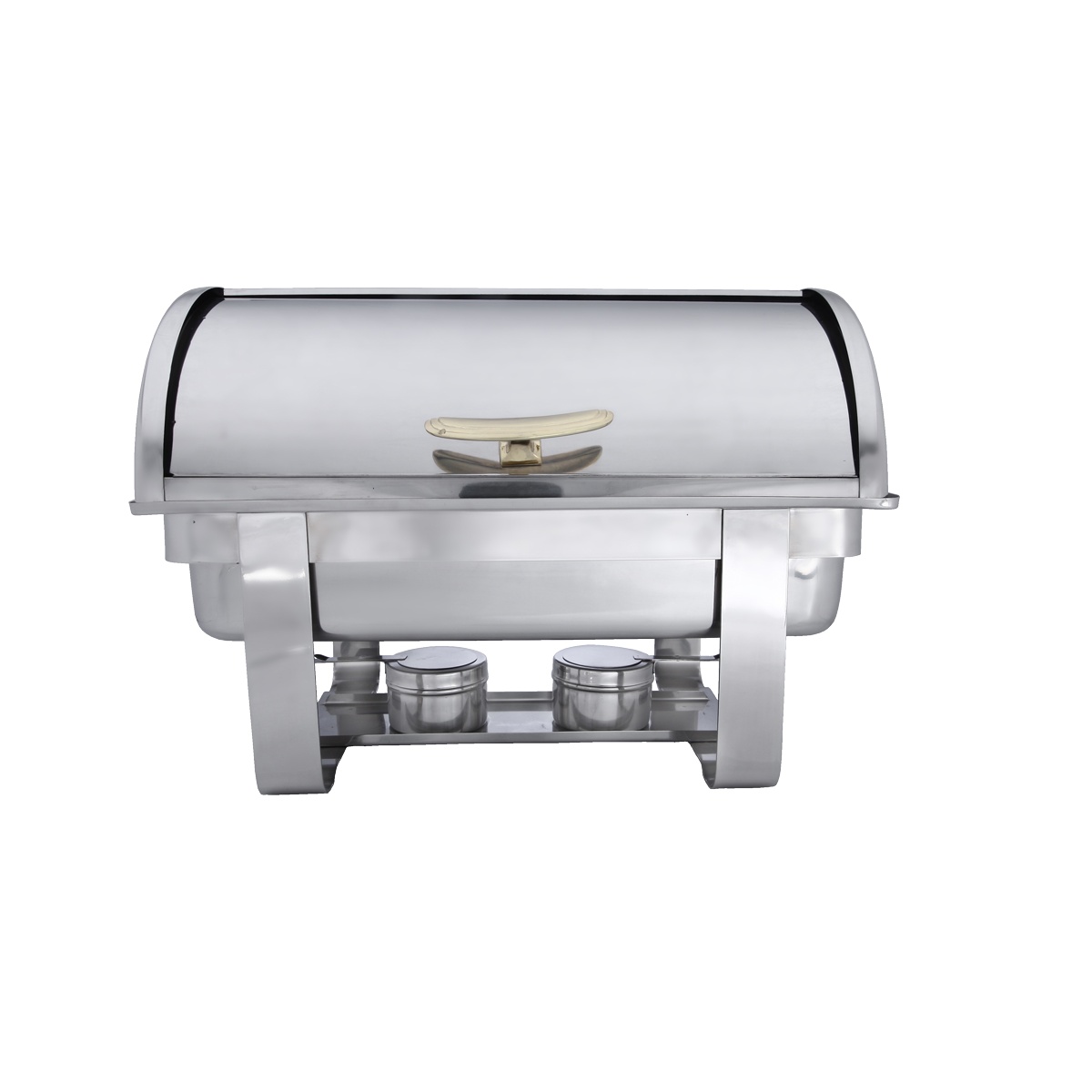 Libertyware CHA7900 full-size European roll top chafing dish with brass-accented handle and stainless steel frame