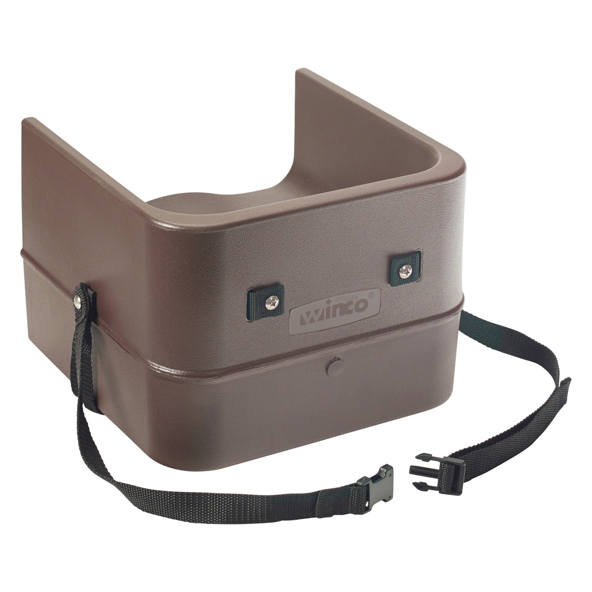 Rear view of Winco CHB-1P brown booster seat showing Winco logo and adjustable chair attachment strap with buckle