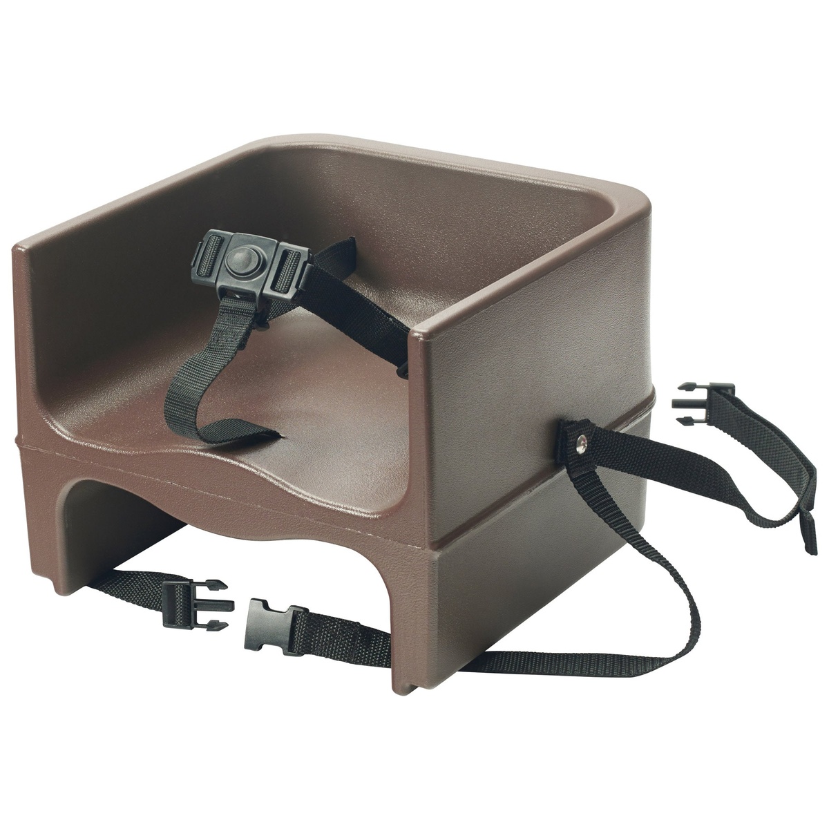 Winco CHB-1P brown plastic booster seat with 3-point safety harness and two adjustable chair attachment straps