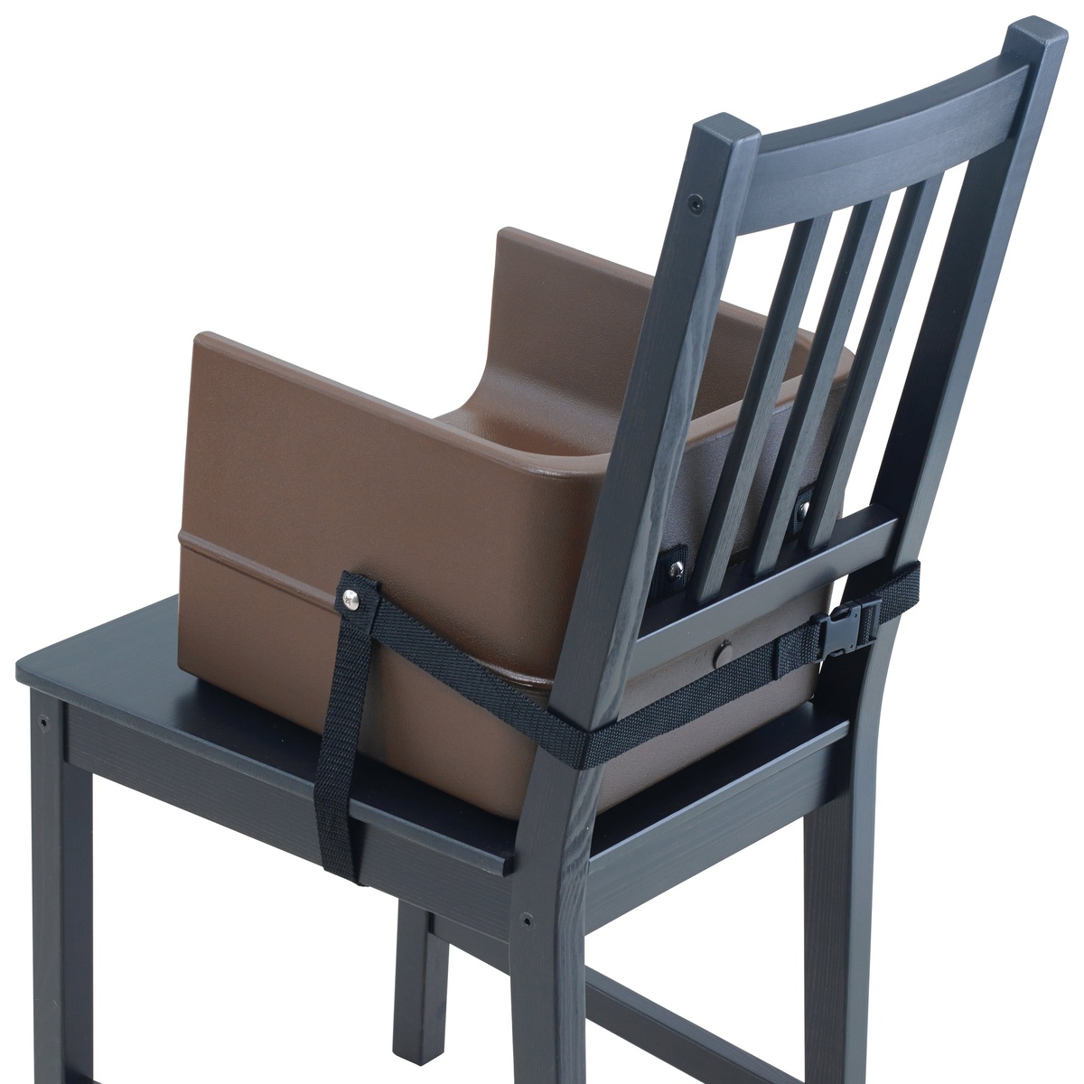 Winco CHB-1P brown booster seat strapped onto the seat of a dark wooden dining chair, showing full attachment with both chair straps buckled