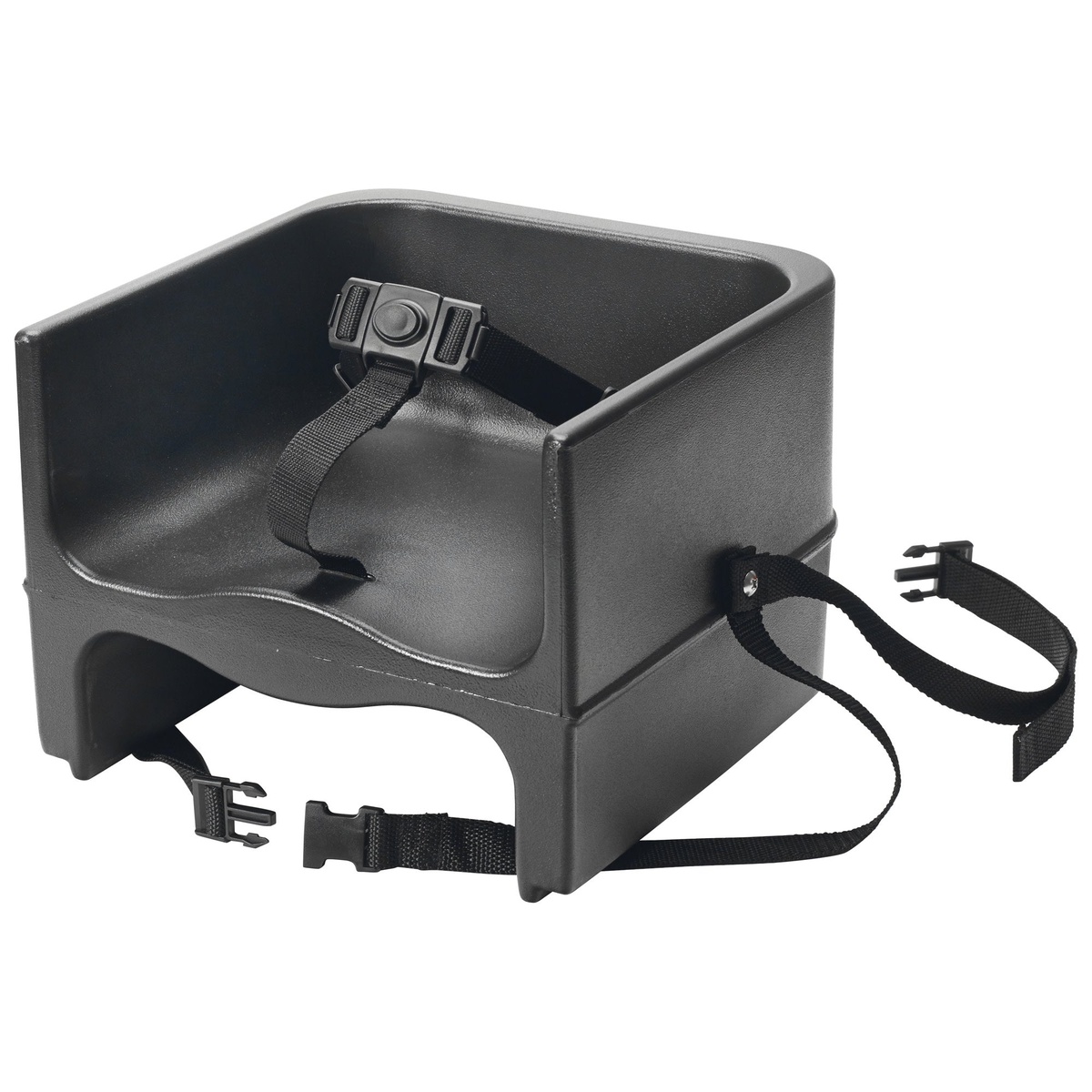 Winco CHB-1PK black plastic booster seat shown from front-angle with 3-point safety harness and two chair attachment straps