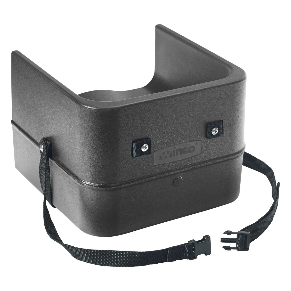 Winco CHB-1PK black booster seat rear view showing Winco logo and two adjustable chair attachment straps with buckles
