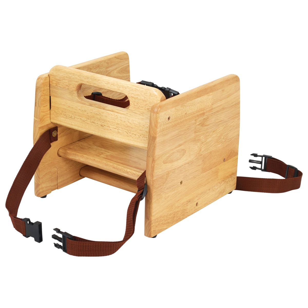 Winco CHB-701 wooden booster seat rear and side view showing rubberwood construction and strap hardware