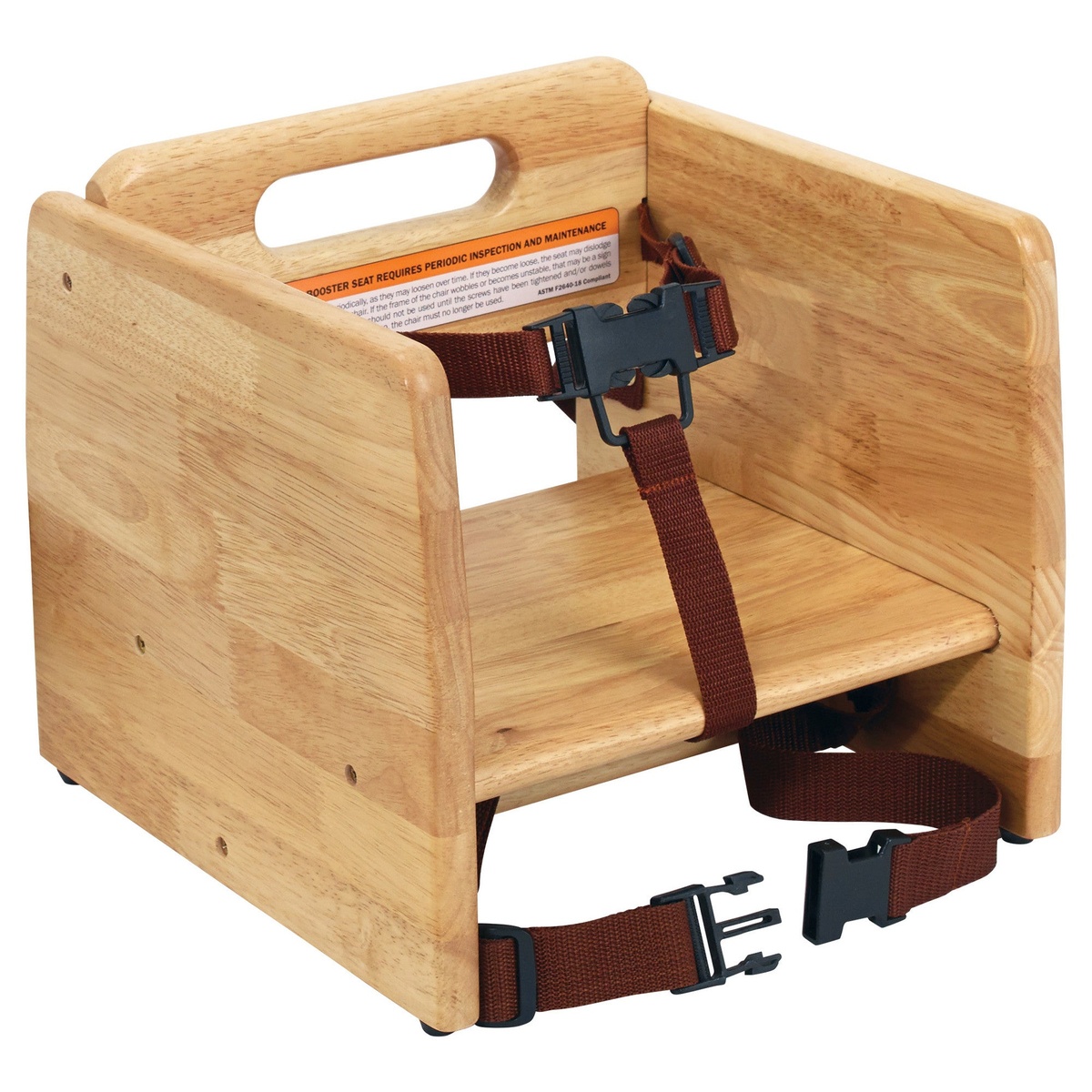 Winco CHB-701 wooden booster seat front view showing 3-point harness and chair-securing straps with natural finish