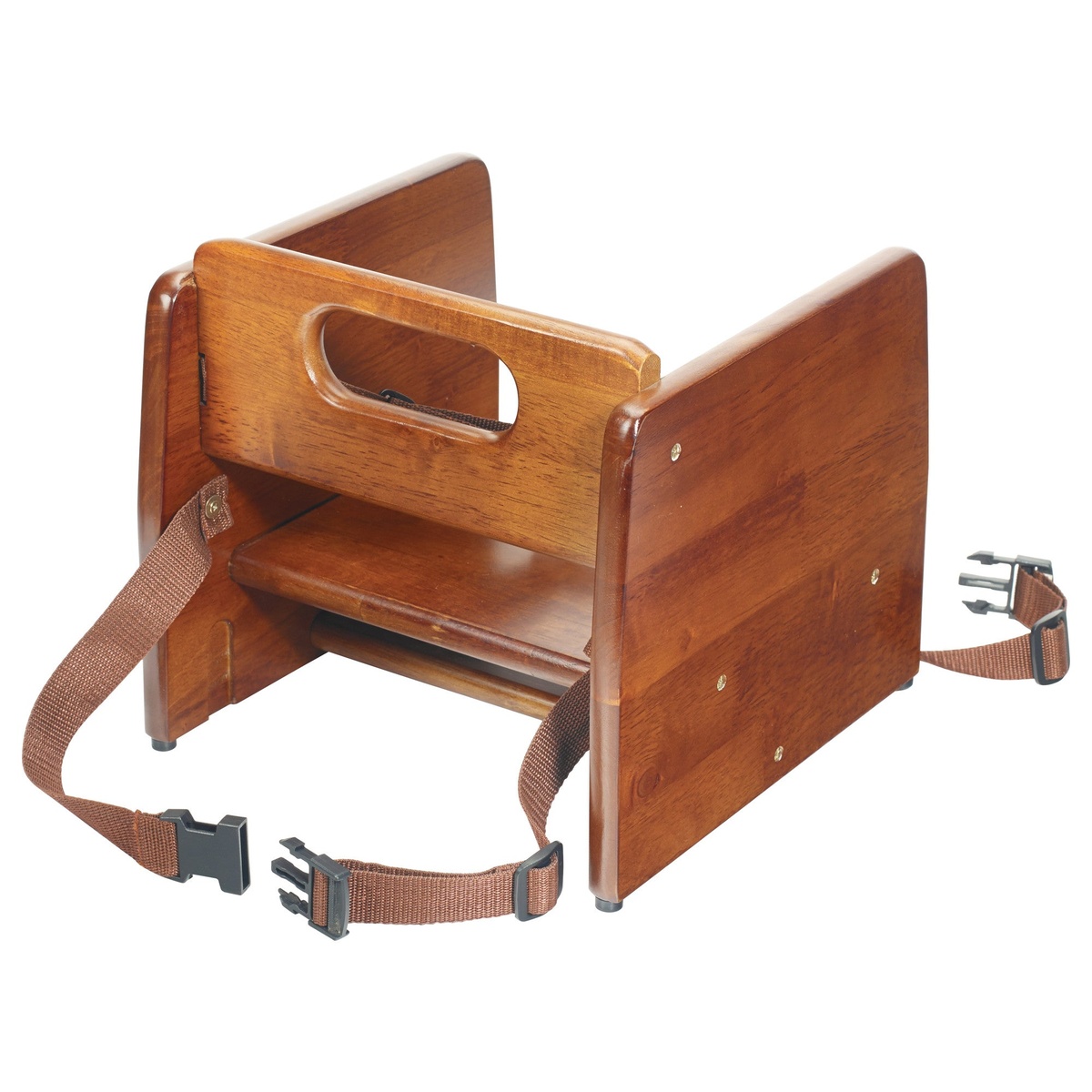 Winco CHB-704 walnut booster seat rear view showing integrated carry handle and stacking-friendly construction