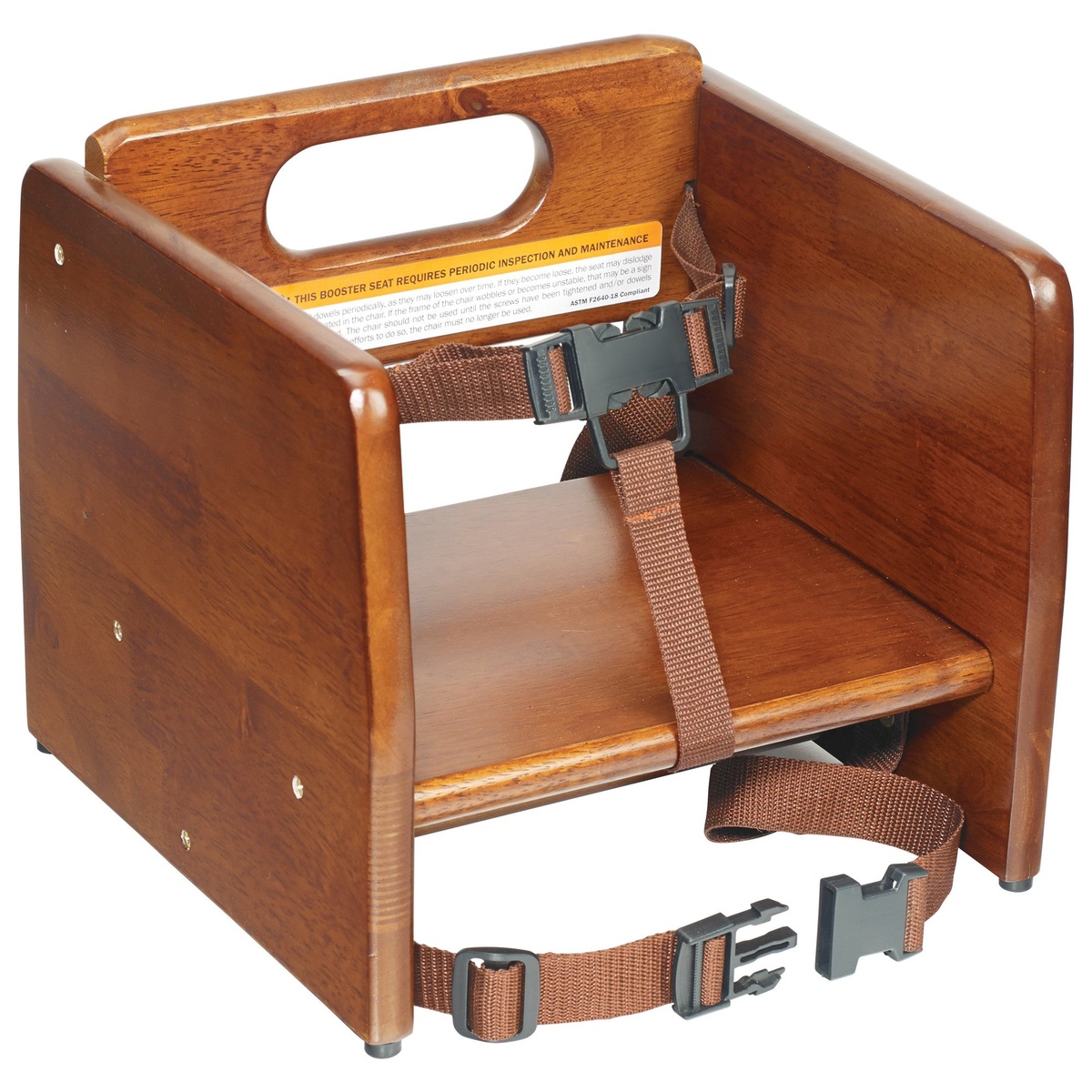 Winco CHB-704 walnut rubberwood booster seat front view showing 3-point harness restraint and chair securing straps