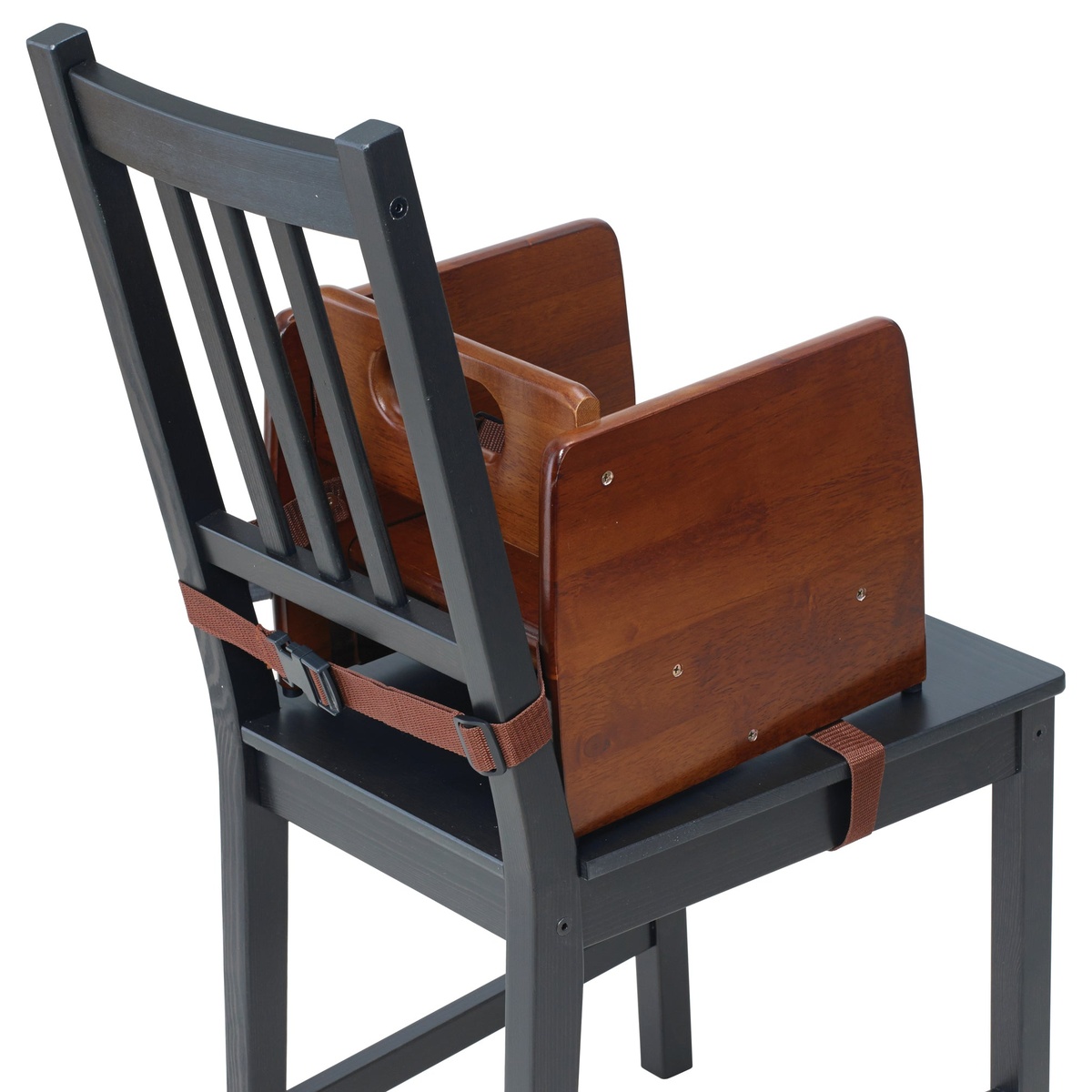 Winco CHB-704 walnut booster seat secured to a dining chair with below-seat straps demonstrating proper installation