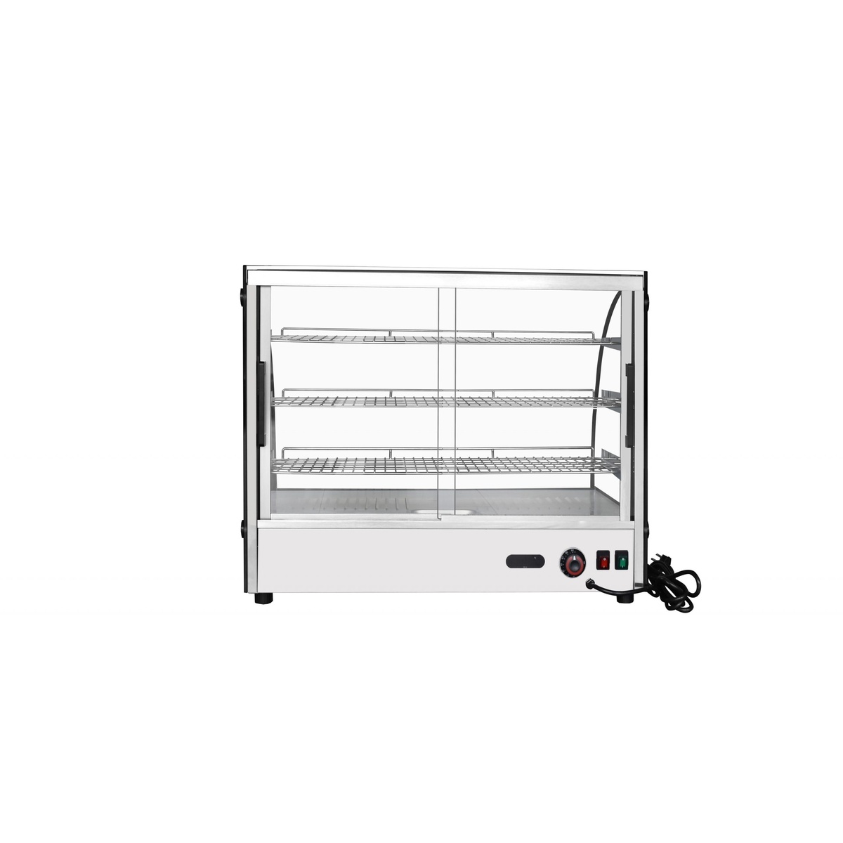 Atosa CHDC-44 heated display case rear view showing digital controller, toggle switches, and power cord