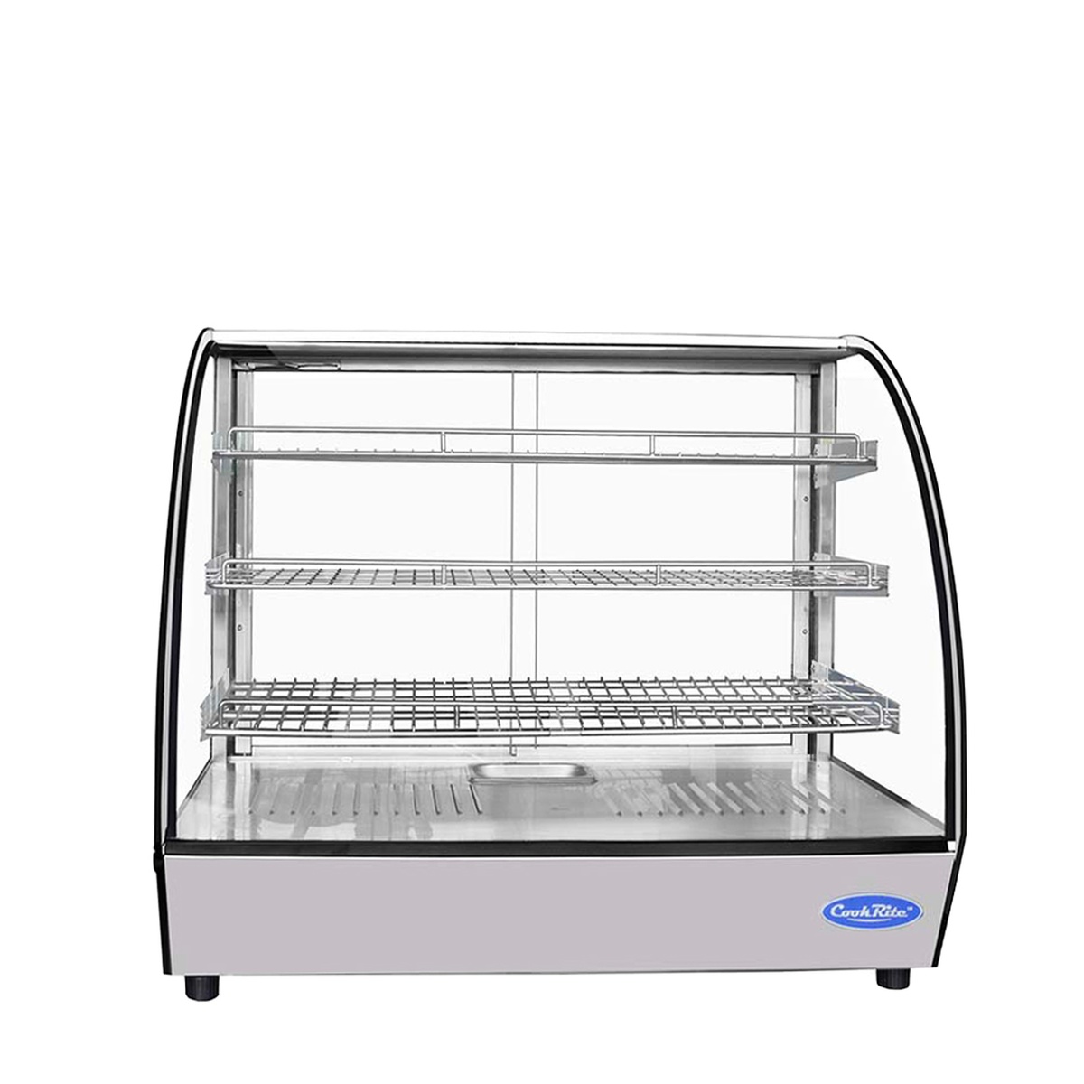 Atosa CHDC-44 countertop heated curved display case front view with three stainless steel shelves