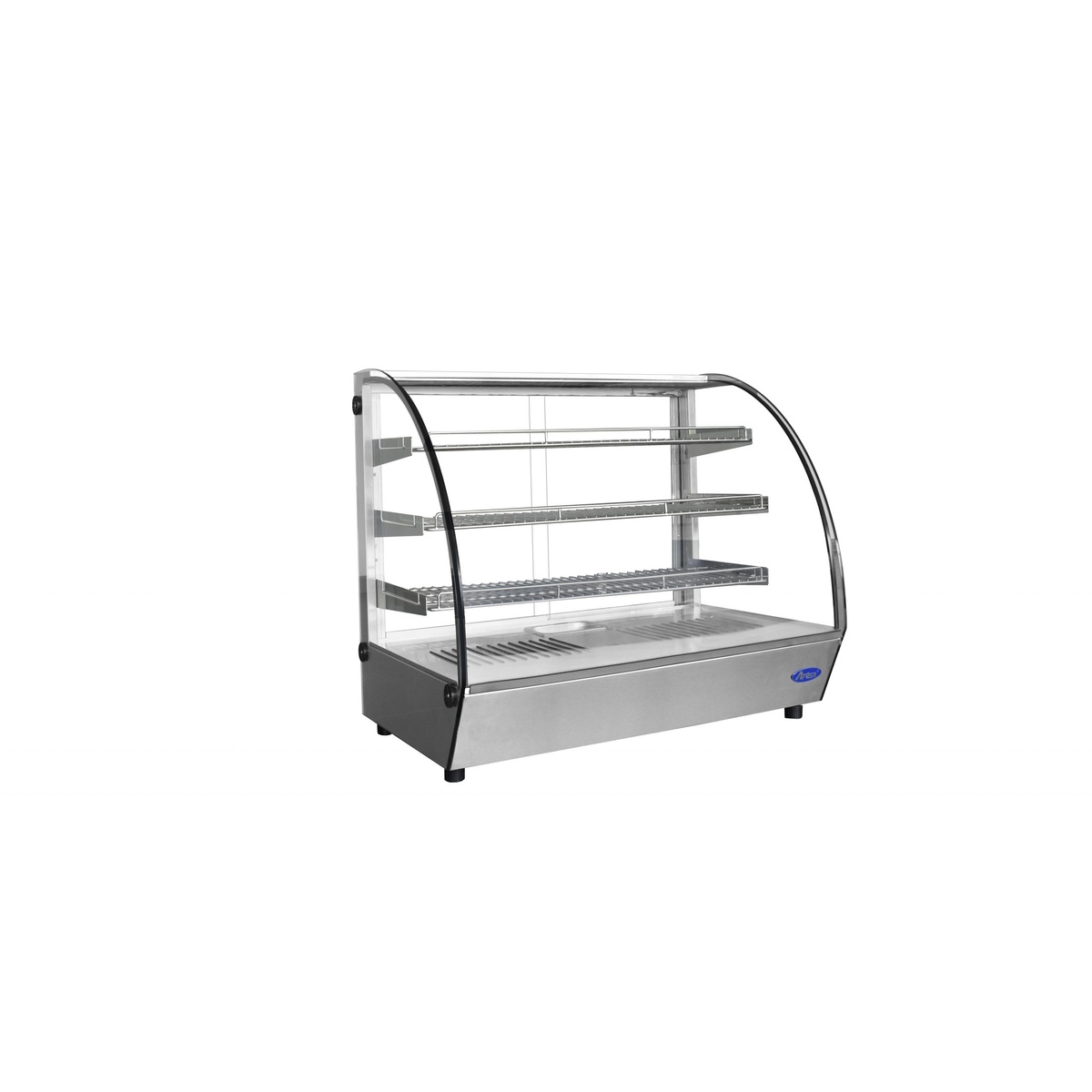 Atosa CHDC-44 heated display case angled view showing curved glass and stainless steel wire shelves