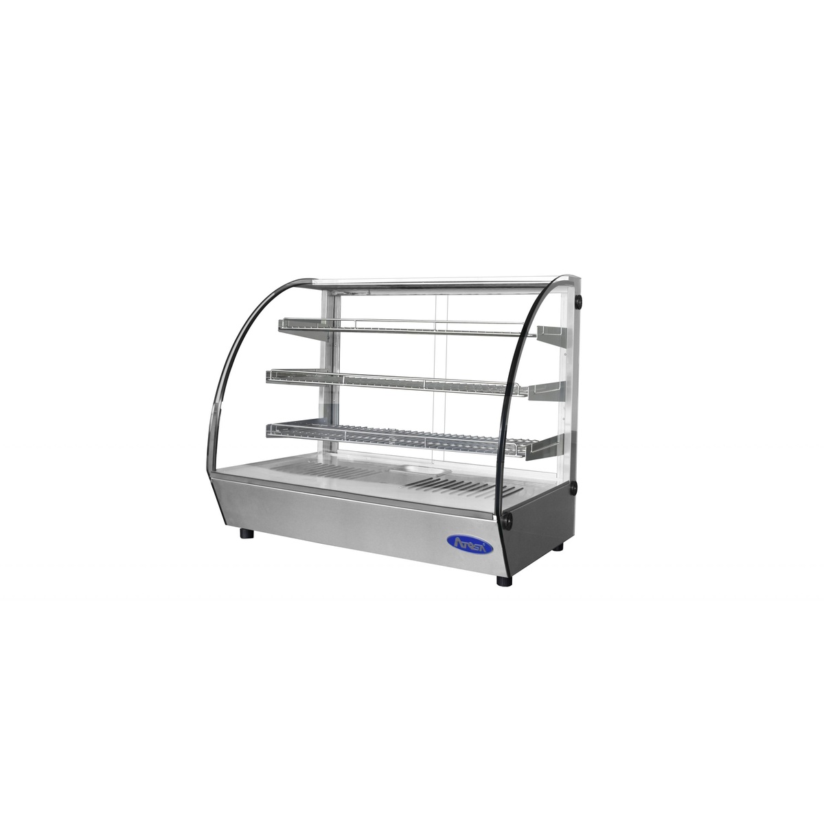 Atosa CHDC-44 heated display case angled view from the opposite side showing full glass enclosure and stainless steel base