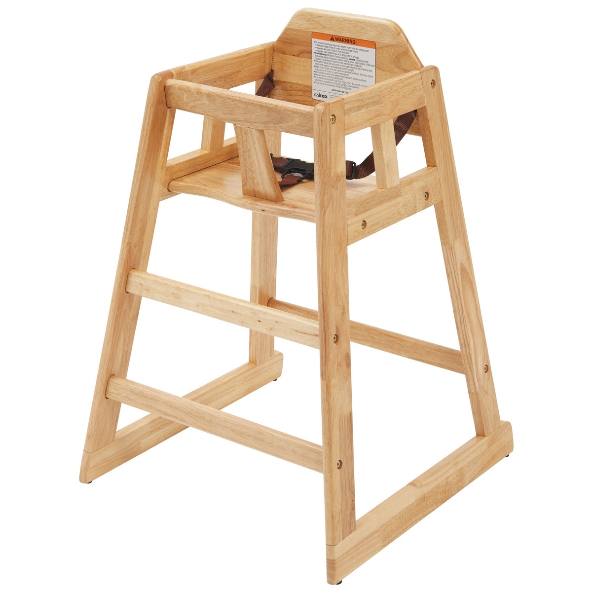 Winco CHH-101 natural finish rubberwood high chair with waist strap, shown on white background