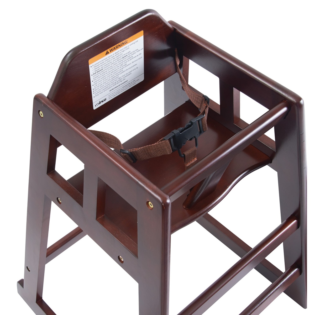 Close-up front view of Winco CHH-103A high chair seat showing buckle-closure 3-point harness in mahogany finish