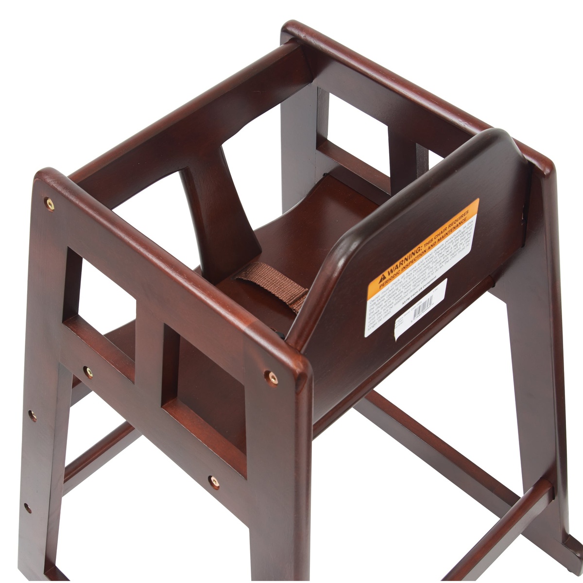 Close-up top-down view of Winco CHH-103A high chair seat showing restraint bar and safety harness strap