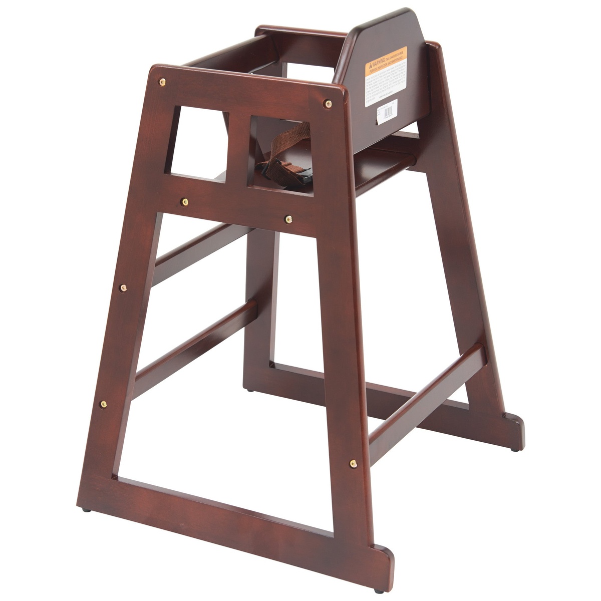 Winco CHH-103A mahogany high chair, rear-angle view showing sturdy rubberwood frame and cross braces