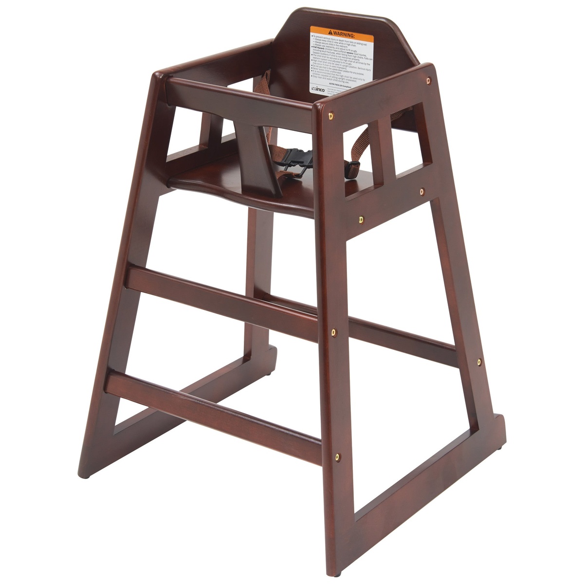 Winco CHH-103A mahogany wooden high chair, full front-angle view showing 3-point harness and rubberwood frame