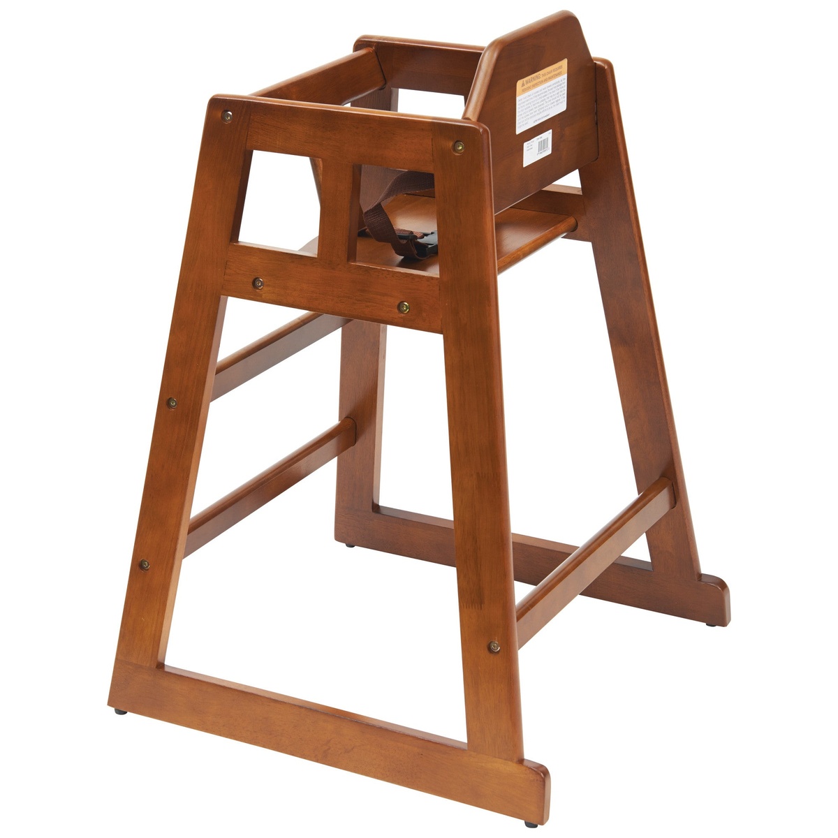 Rear view of the Winco CHH-104A wooden high chair showing stability bars