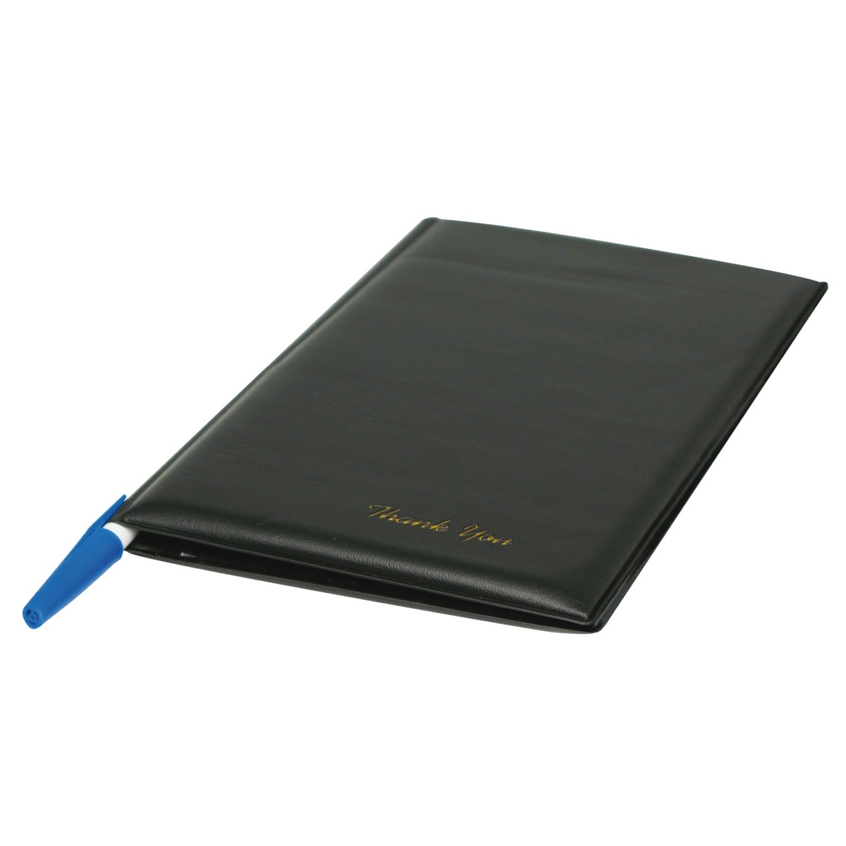 Winco CHK-1K check holder closed flat in black with gold Thank You inscription and pen tucked in spine