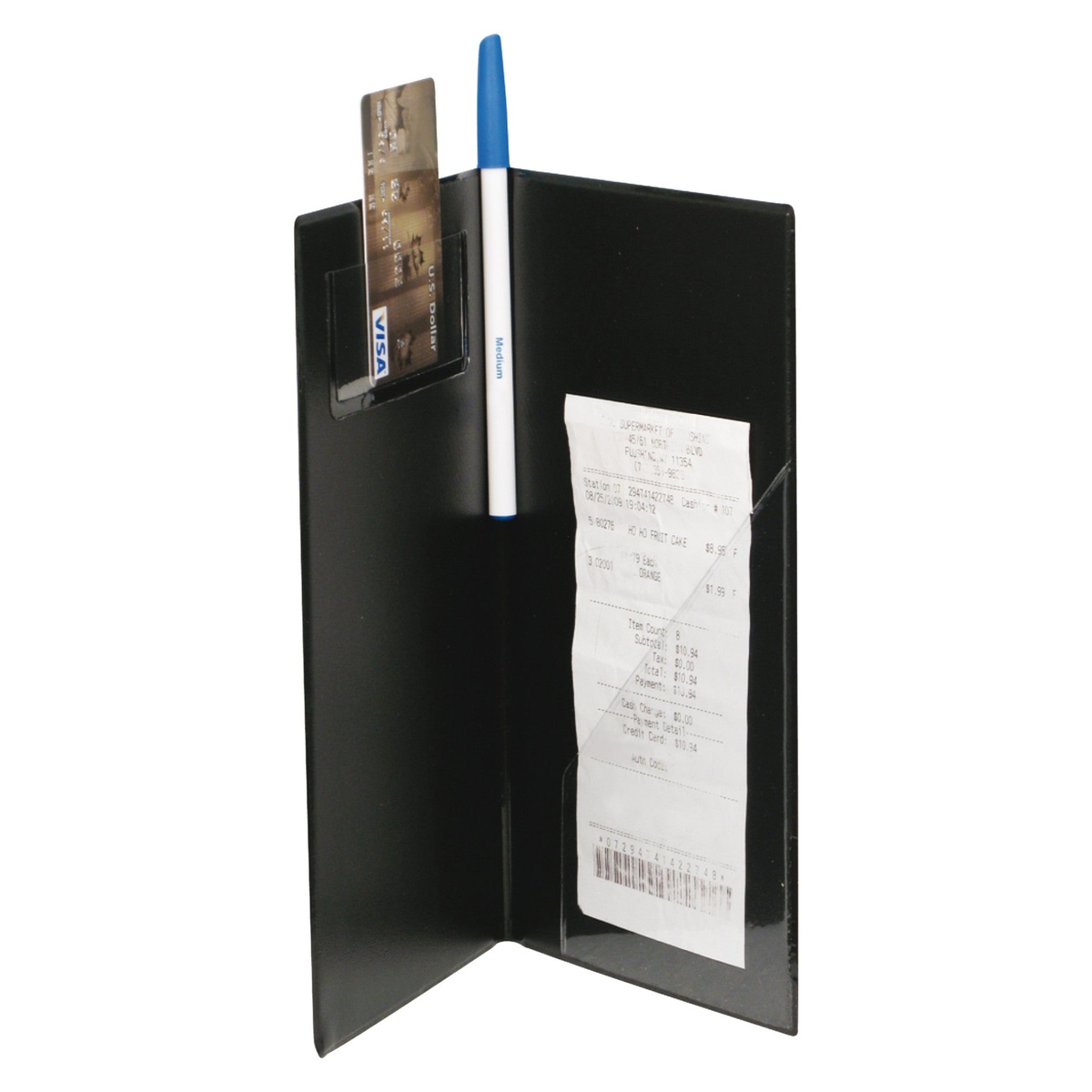Winco CHK-1K check holder open, showing credit card in top slot, pen in grooved spine, and receipt in clear pocket