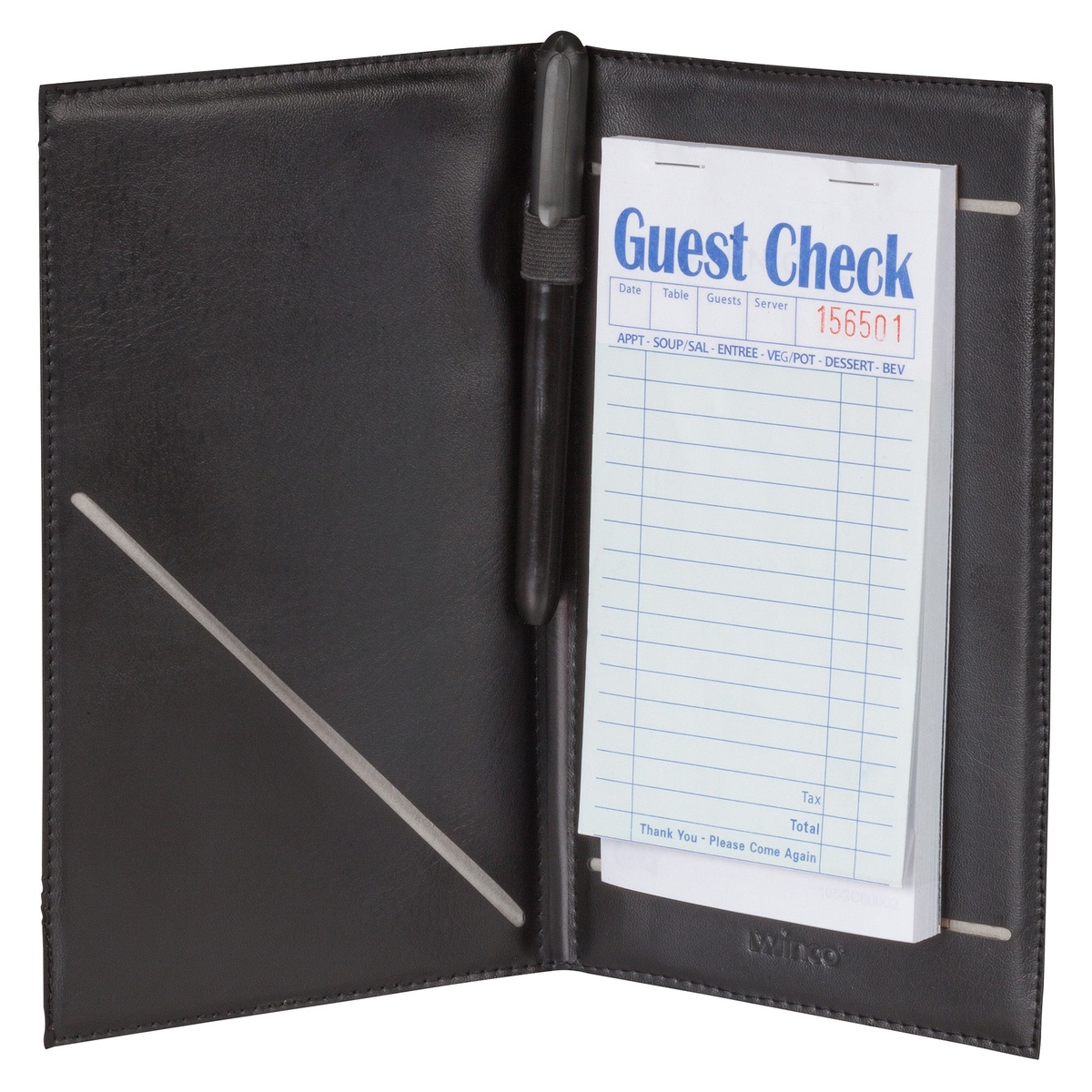 Winco CHK-2K black folding guest check holder opened, showing elastic pen loop with pen, credit card slot, and a guest check pad inserted in the clear pocket