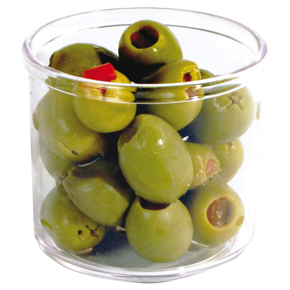 Winco CJ-7G glass condiment jar filled with green olives, demonstrating capacity and clarity
