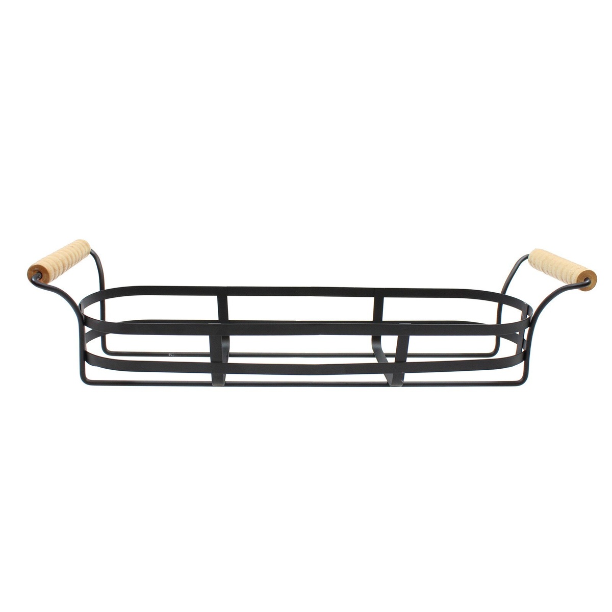 TableCraft CJS12R black powder-coated metal condiment caddy with natural wood handles, shown empty on white background