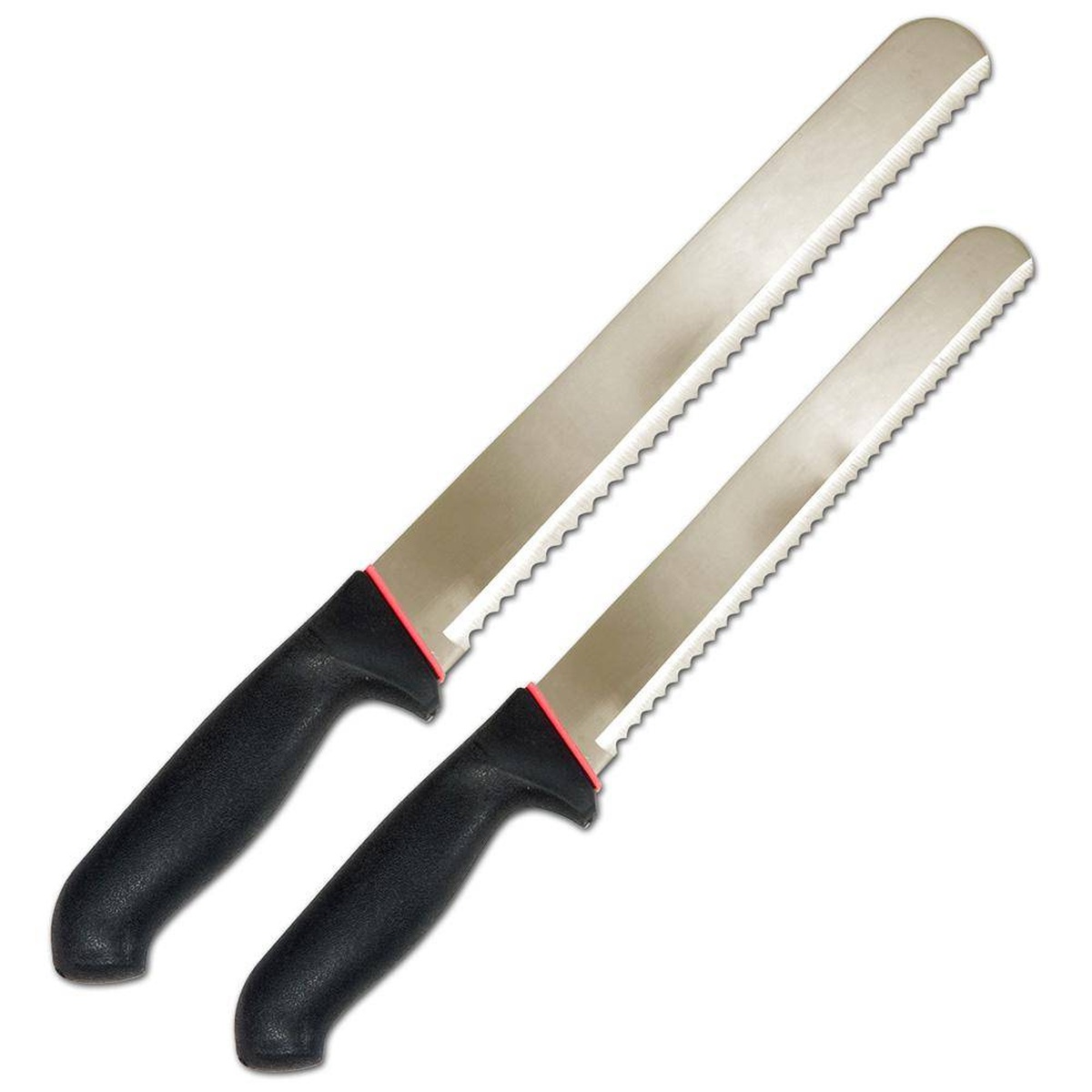 Fat Daddio's CK-10 10-inch cake slicer and bread knife with serrated stainless steel blades and black comfort-grip handles