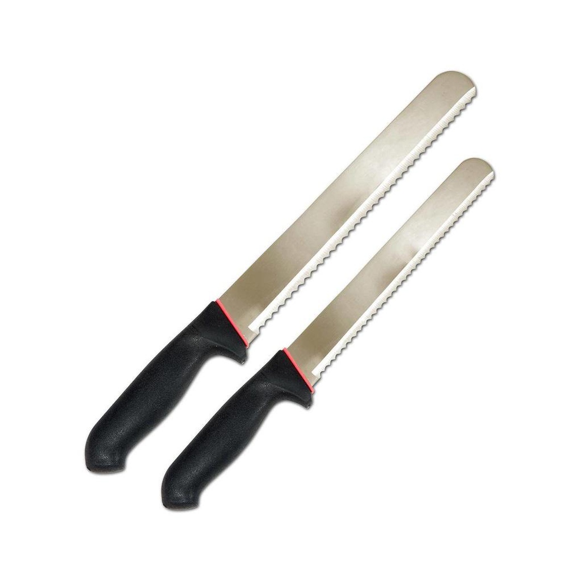 Fat Daddio's 10-inch serrated cake slicer showing ergonomic black comfort-grip handle and full-length stainless steel blade