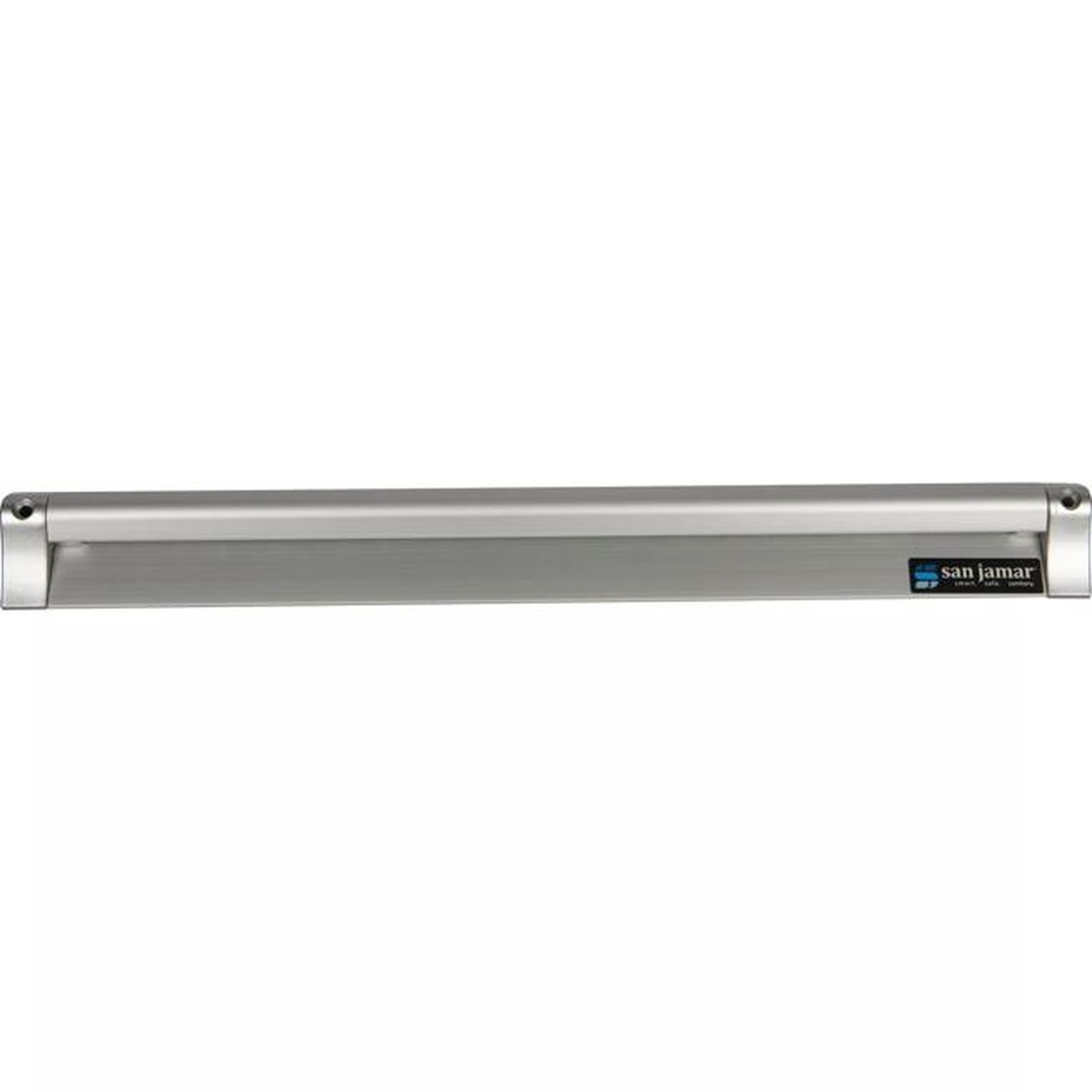 San Jamar CK6518A silver aluminum slide check rack showing end caps and mounting points