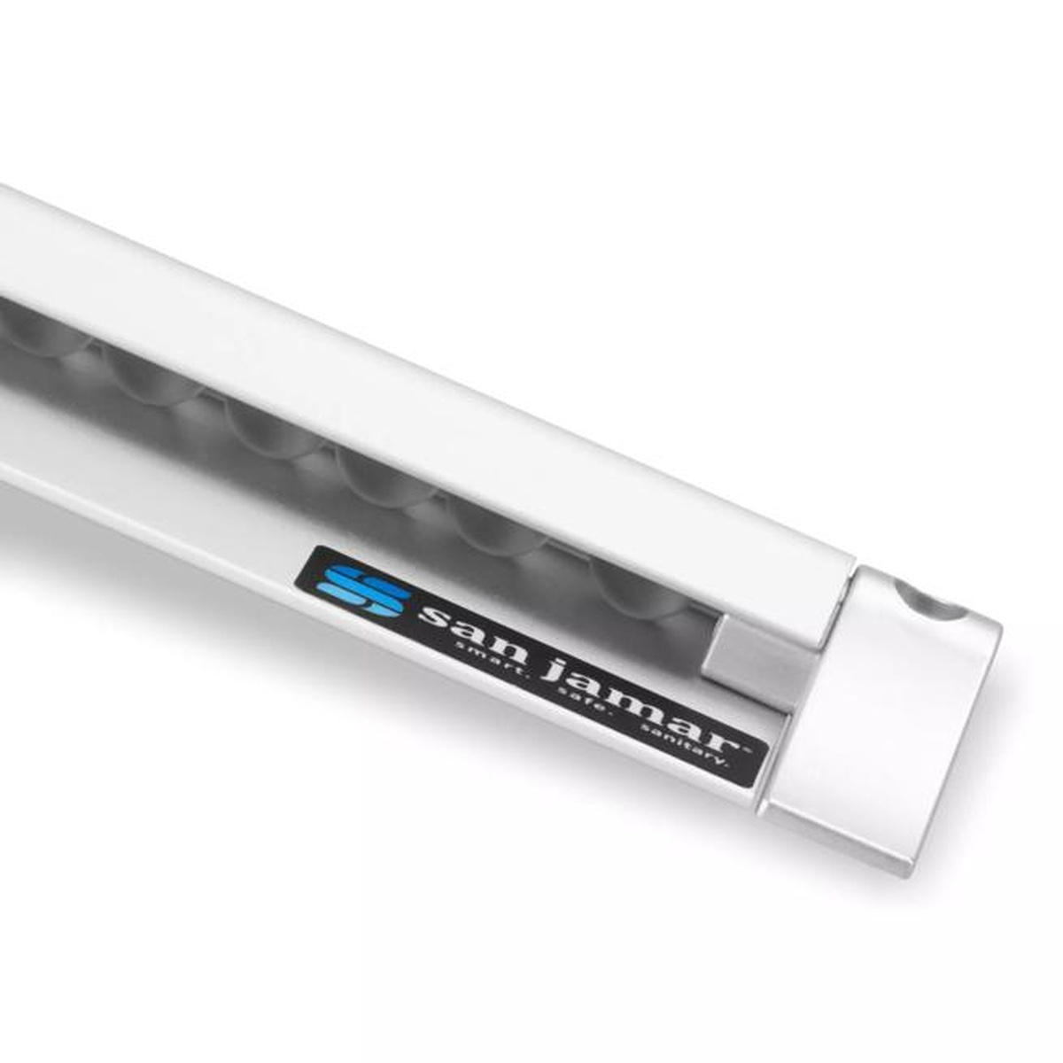 San Jamar CK6536A aluminum check rack angled view showing brand label and bead channel detail