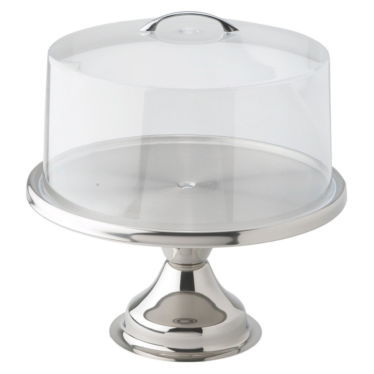 Winco CKS-13C clear acrylic cake cover placed on a stainless steel pedestal cake stand