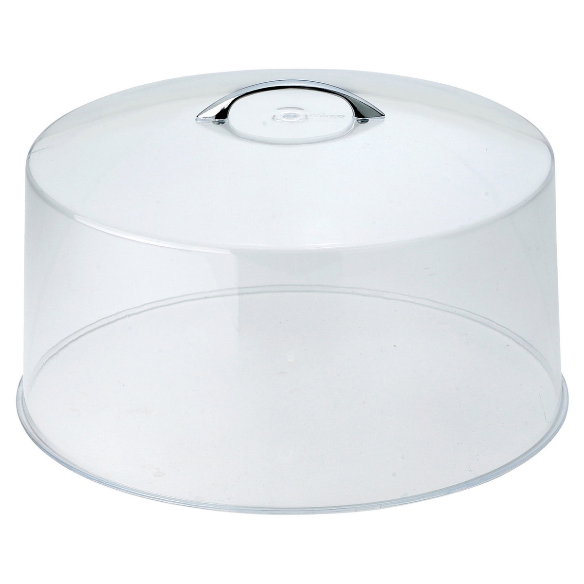 Winco CKS-13C round clear acrylic cake stand cover with chrome handle, viewed from the side