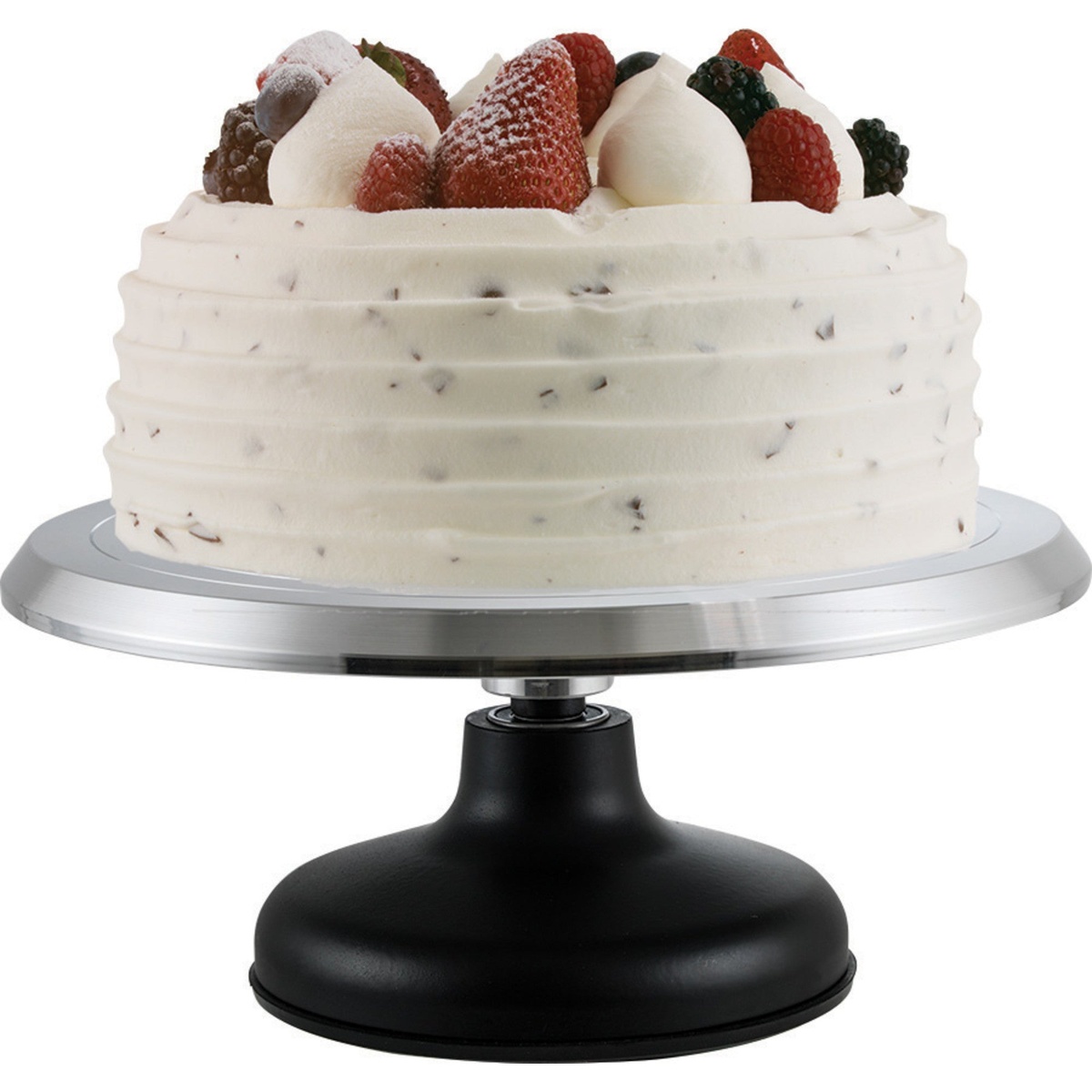 Winco CKSR-12 revolving cake stand supporting a frosted layer cake topped with fresh berries