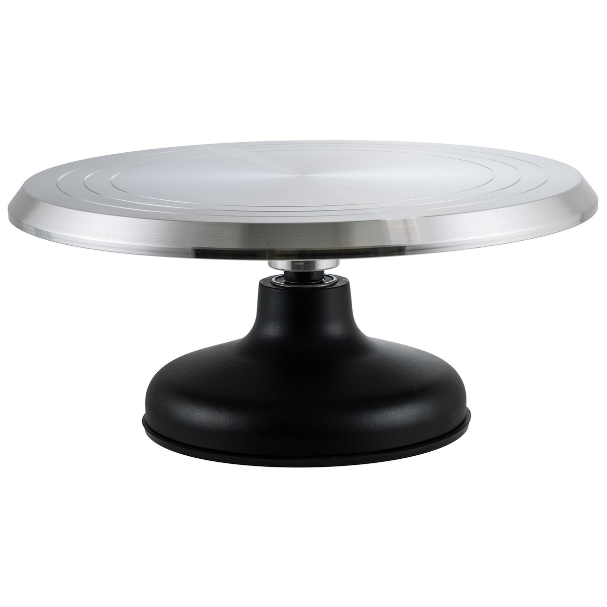 Winco CKSR-12 revolving cake decorating stand showing aluminum alloy top and black cast iron base