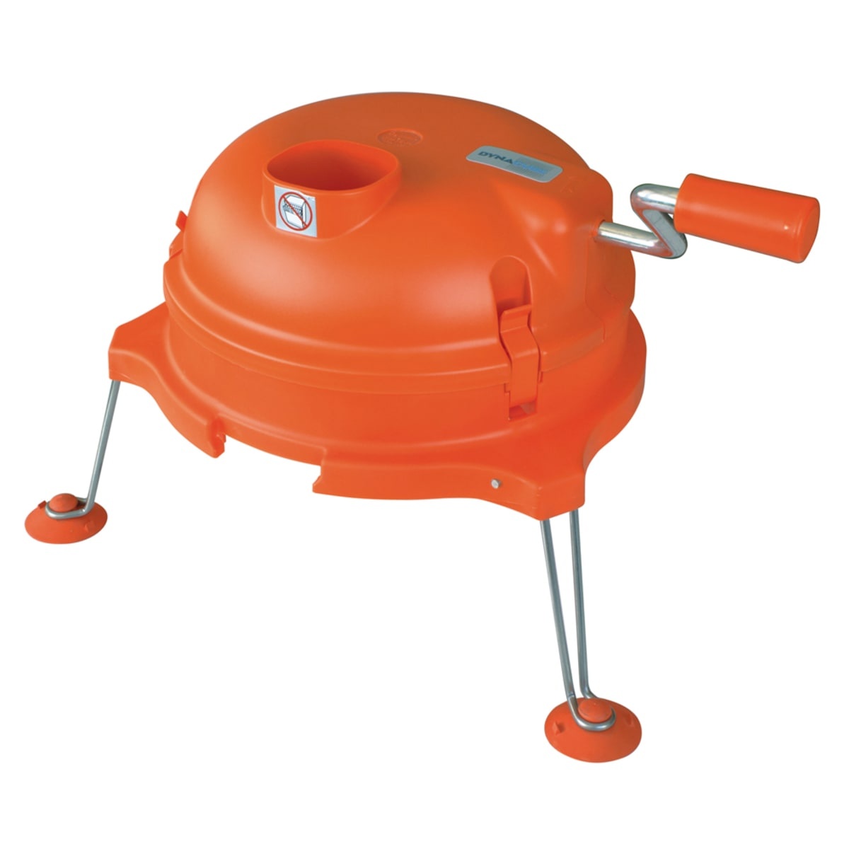 Dynamic CL003 DynaCube manual vegetable dicer with crank handle, orange plastic body, and suction cup legs