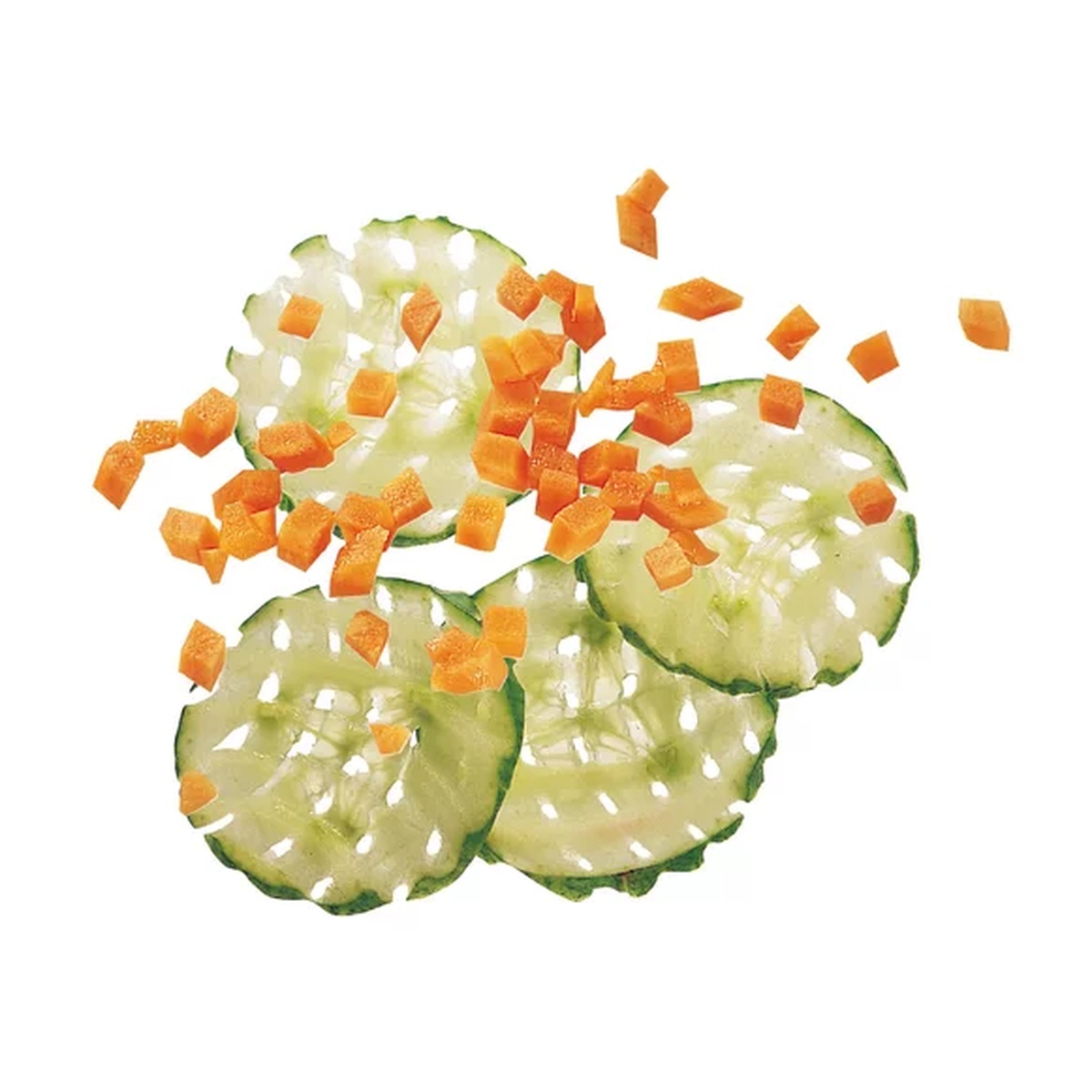 Waffle-cut cucumber slices and small diced carrots showing precision cutting results