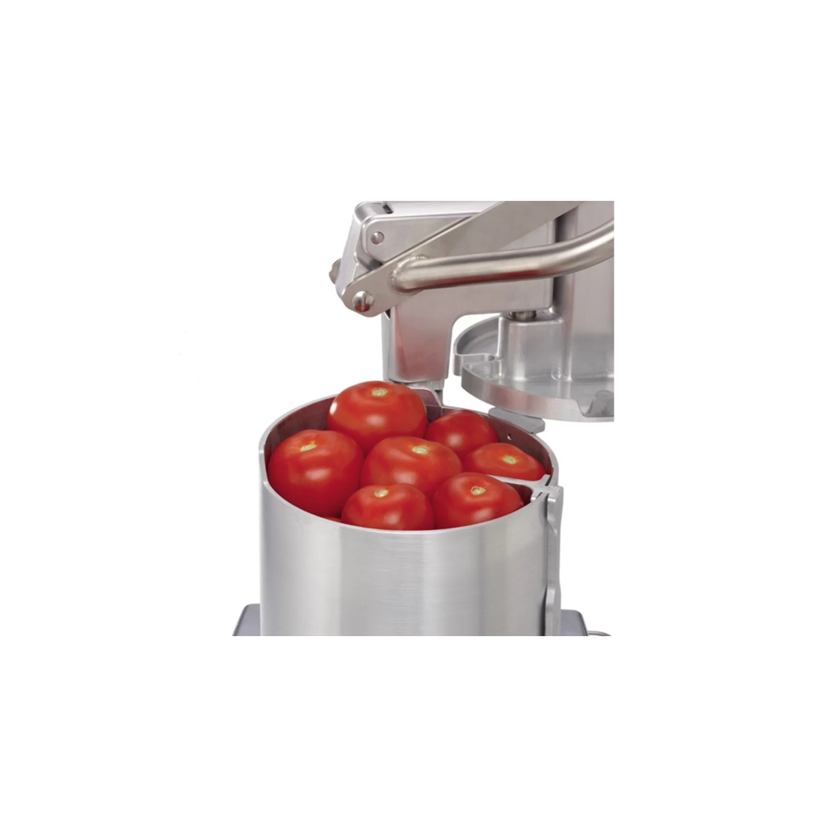 Full moon hopper of Robot Coupe CL52E loaded with fresh tomatoes ready for processing